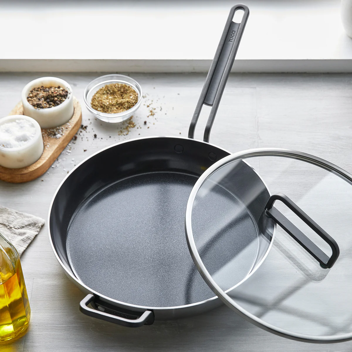 Stanley Tucci™ Stainless Steel Ceramic Nonstick 12 Frypan with Lid | Black Handle