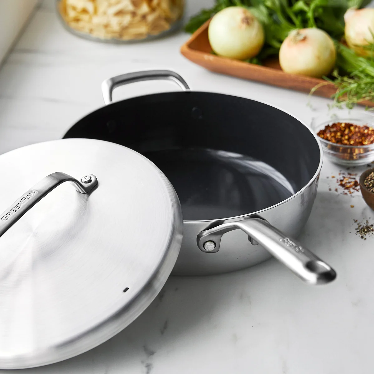 GP5 Stainless Steel 4-Quart Sauté Pan with Lid and Helper Handle | Mirror Handles