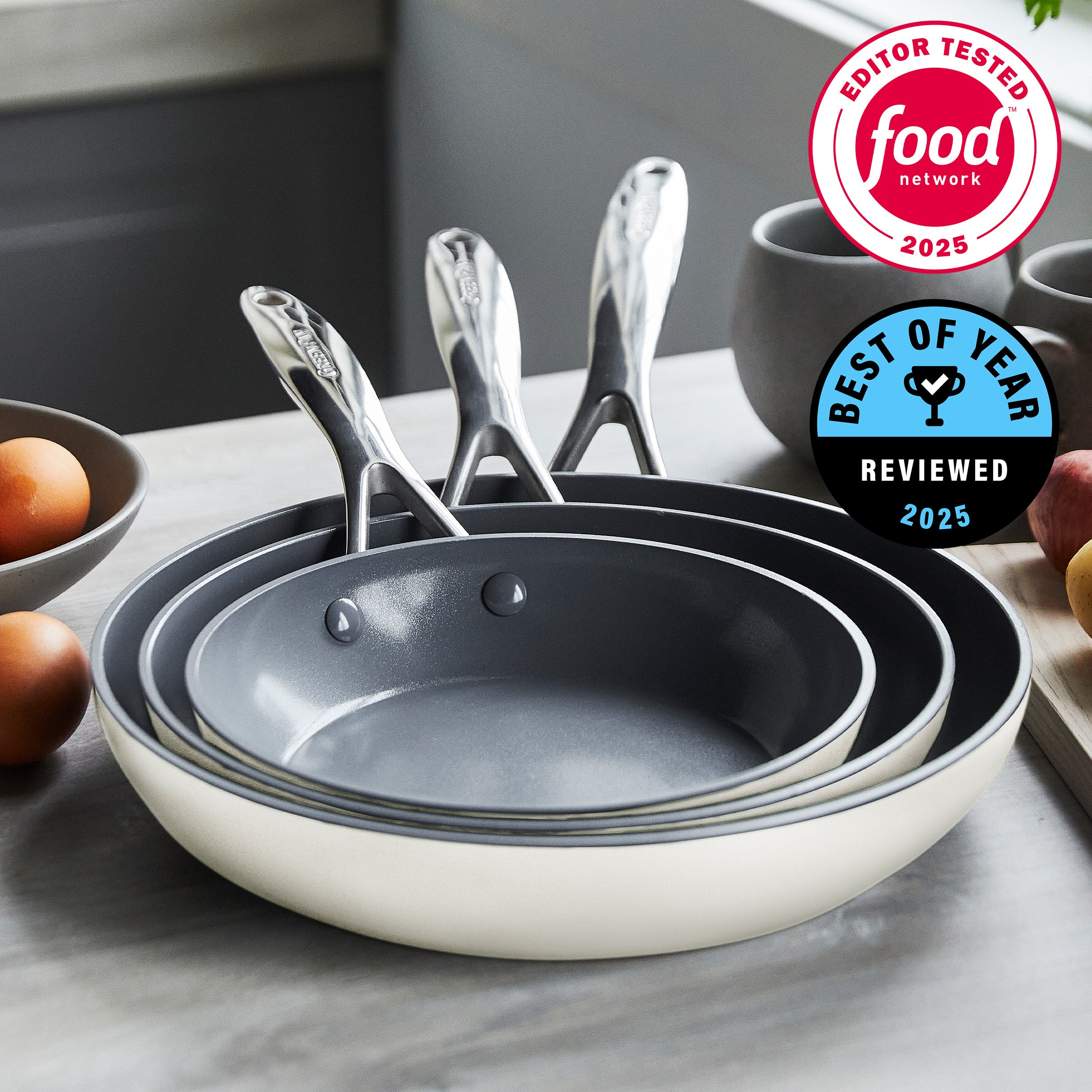 Valencia Pro Ceramic Nonstick 8, 9.5, and 11 Frypan Set | Cream