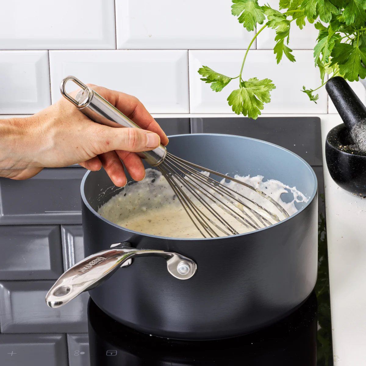 Valencia Pro Ceramic Nonstick 1.5-Quart and 3-Quart Saucepan Set with Lids | Gray