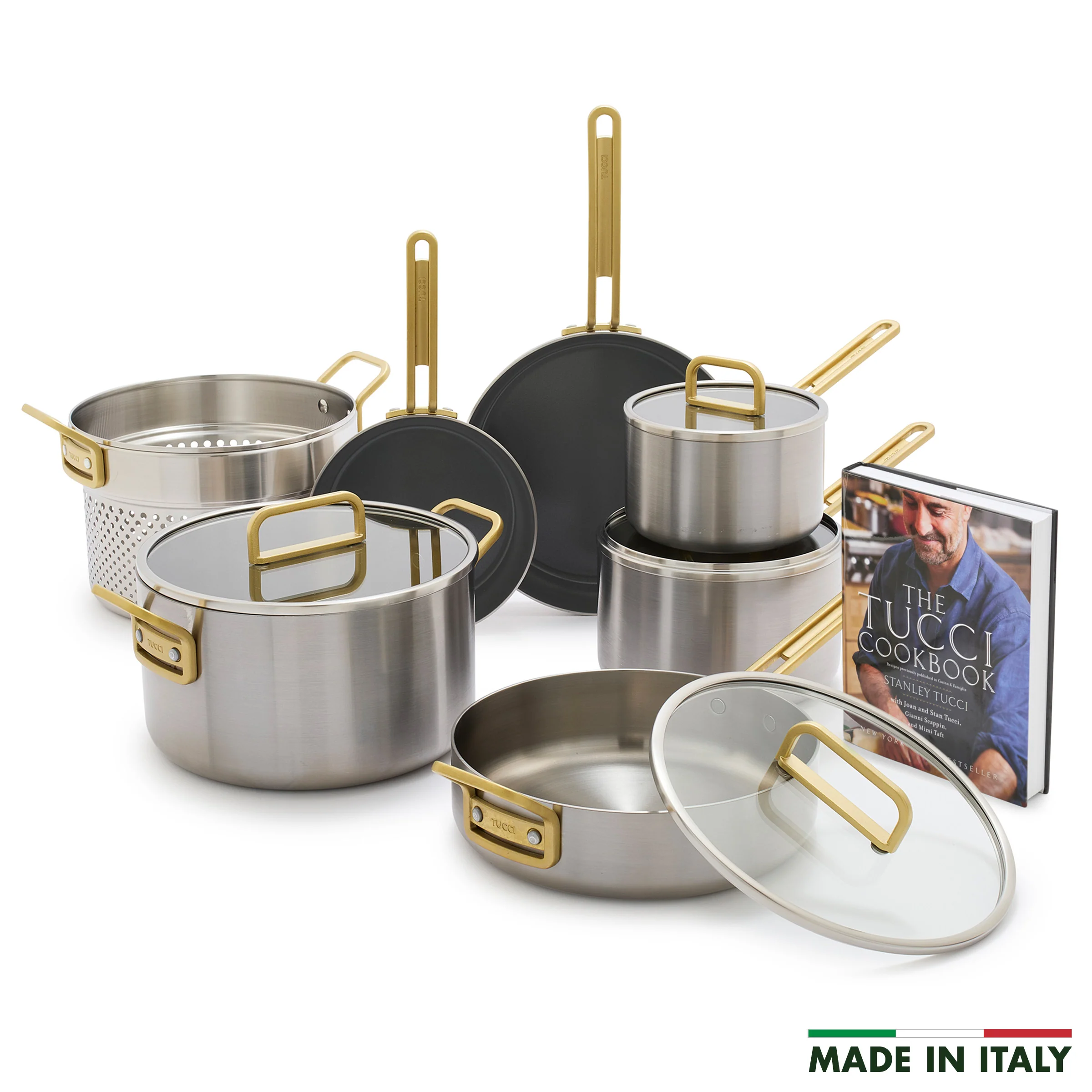 Stanley Tucci™ Mixed Material Stainless Steel 11-Piece Cookware Set with the Tucci Cookbook