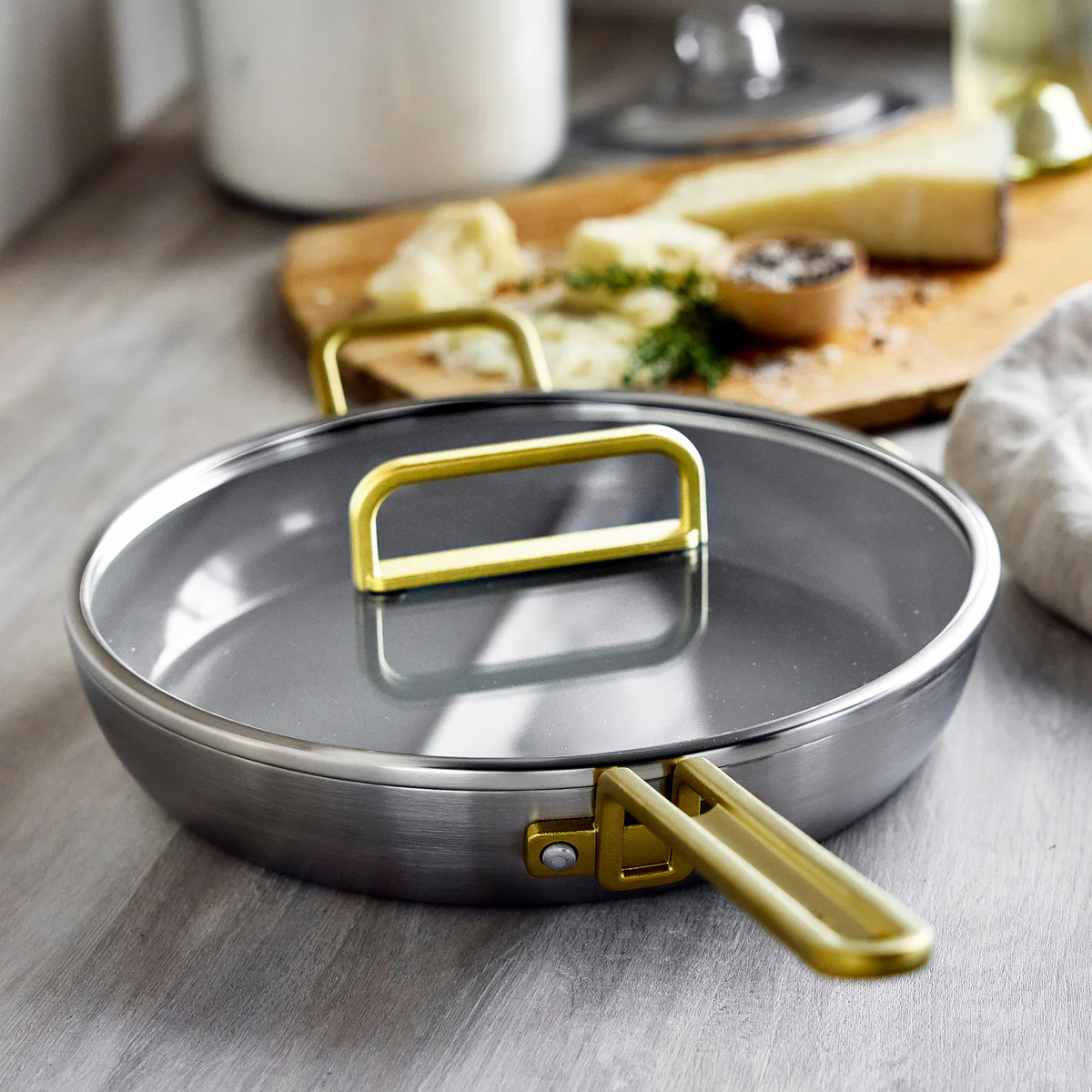 Stanley Tucci™ Stainless Steel Ceramic Nonstick 12 Frypan with Lid | Champagne Handle