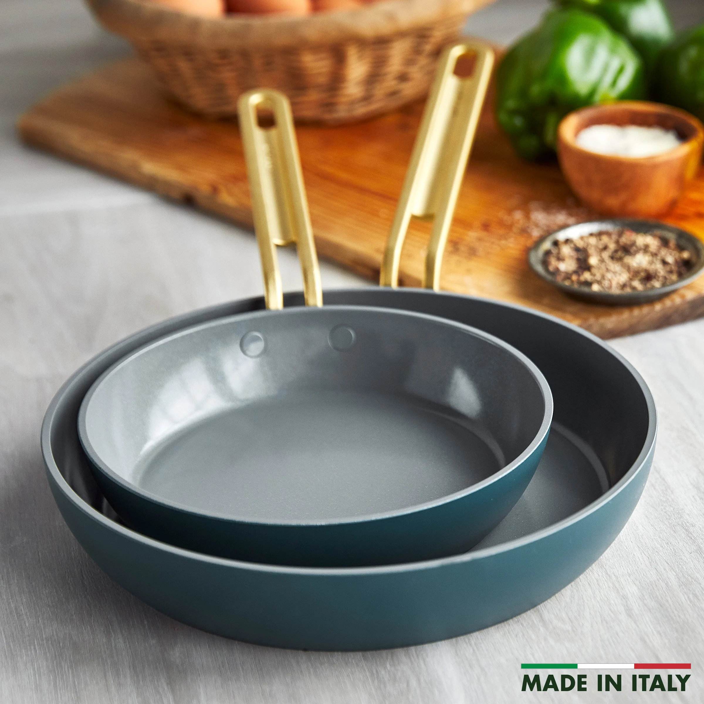 Stanley Tucci™ Ceramic Nonstick 4-Piece Frypan Set with The Tucci Cookbook | Venetian Teal