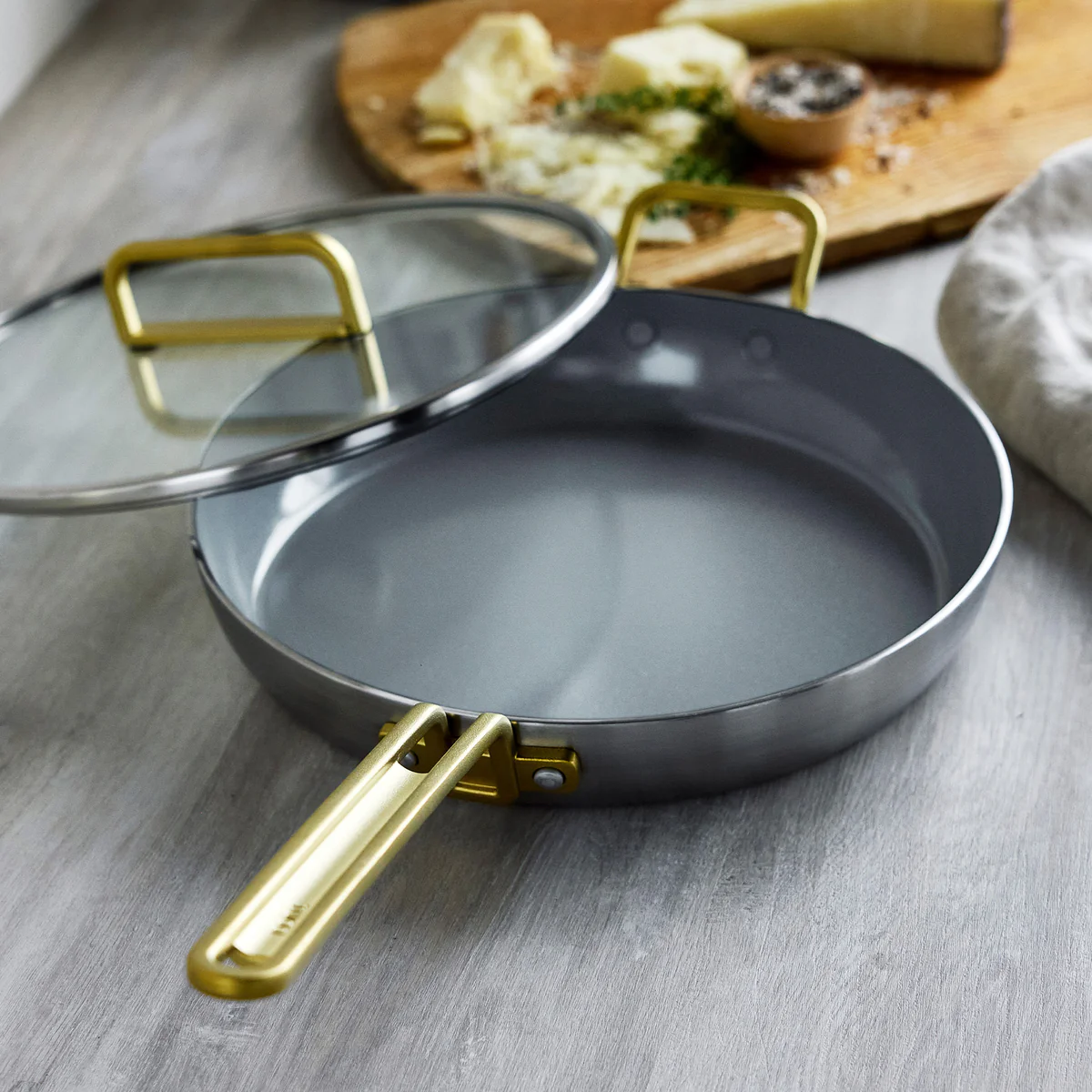 Stanley Tucci™ Stainless Steel Ceramic Nonstick 12 Frypan with Lid | Champagne Handle