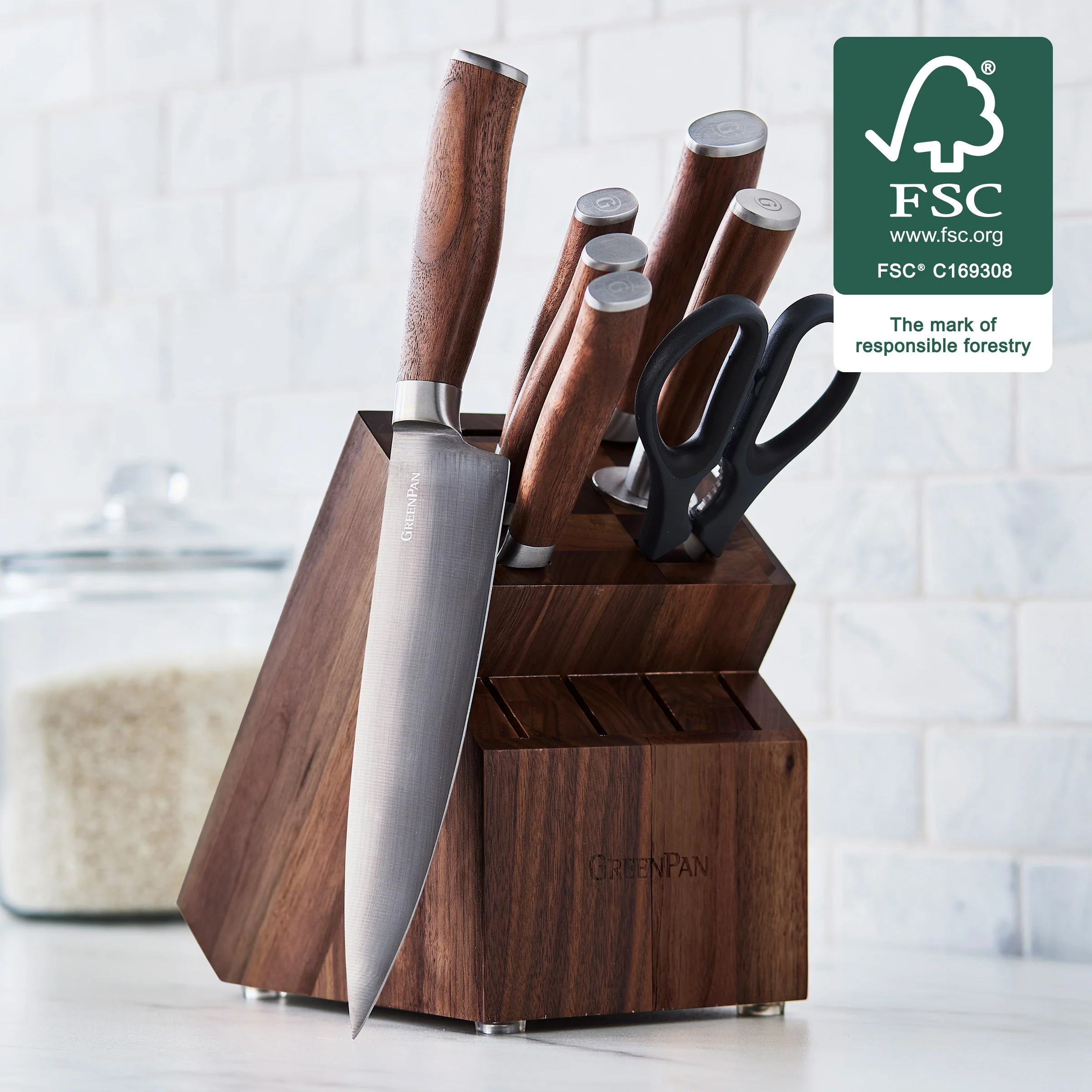 Premiere Titanium Cutlery 8-Piece Knife Block Set with Walnut Handles