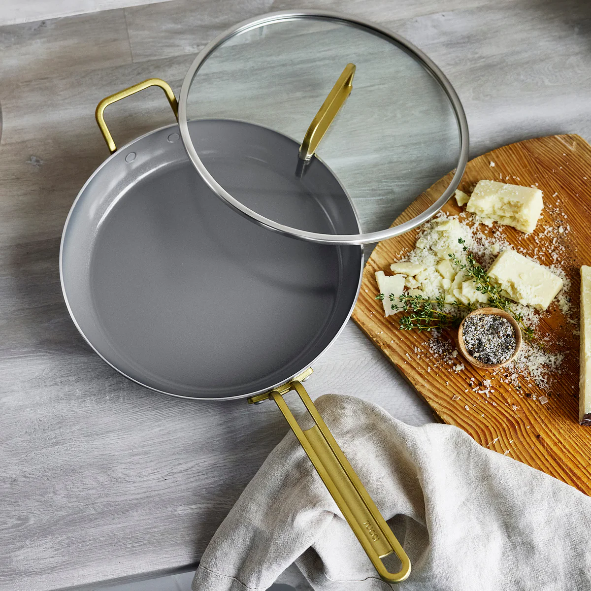 Stanley Tucci™ Stainless Steel Ceramic Nonstick 12 Frypan with Lid | Champagne Handle