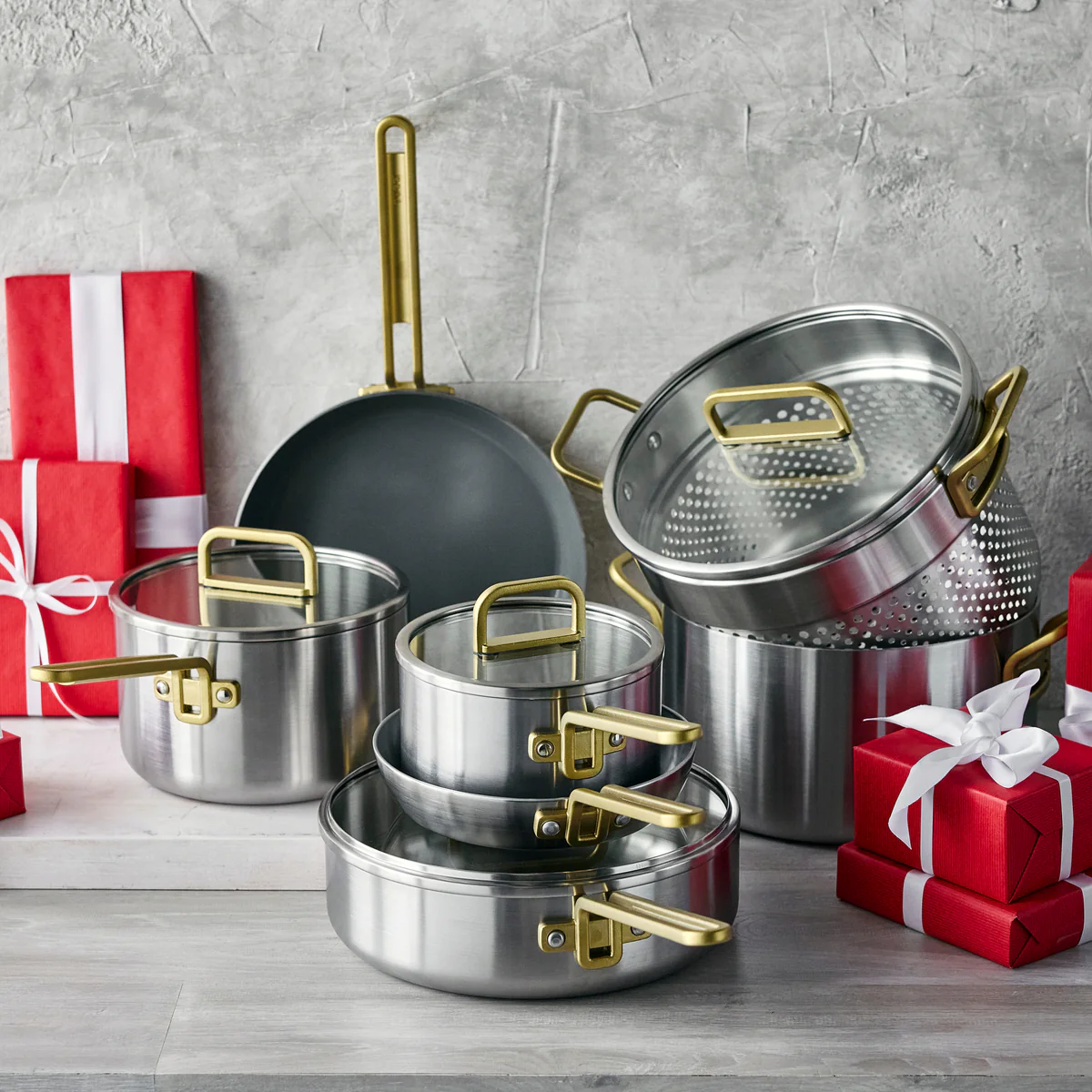 Stanley Tucci™ Stainless Steel Ceramic Nonstick 11-Piece Cookware Set with The Tucci Cookbook | Champagne Handles