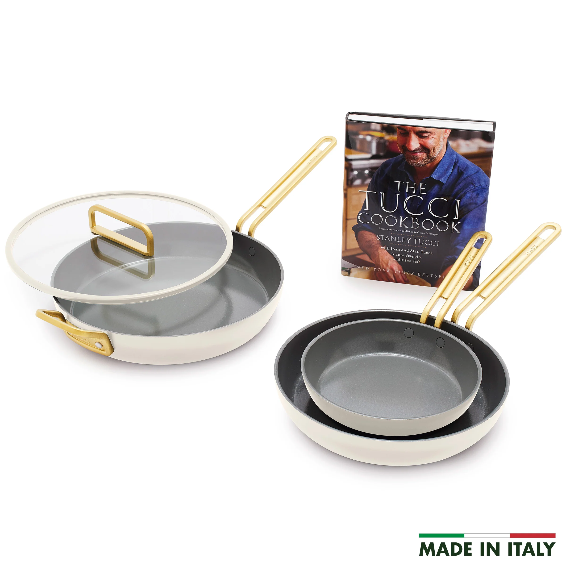 Stanley Tucci™ Ceramic Nonstick 4-Piece Frypan Set with The Tucci Cookbook | Carrara White
