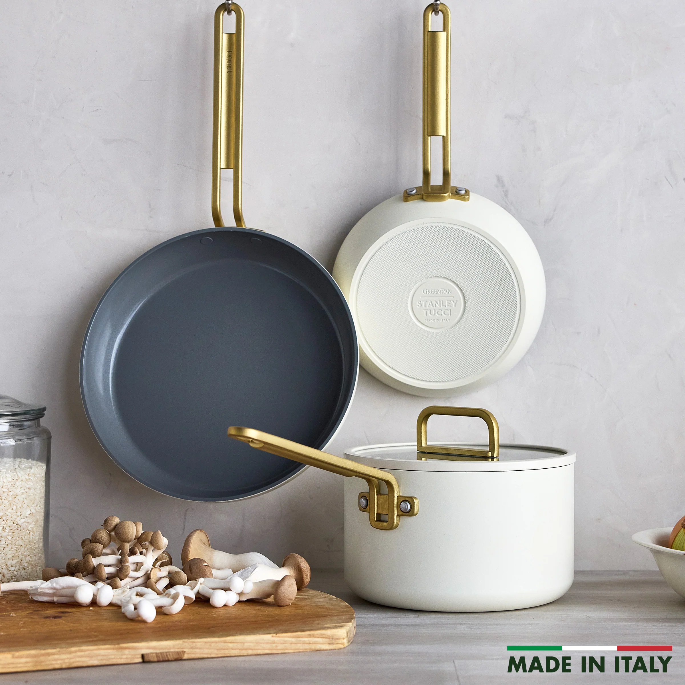 Stanley Tucci™ Ceramic Nonstick 4-Piece Chef Set with the Tucci Cookbook | Carrara White