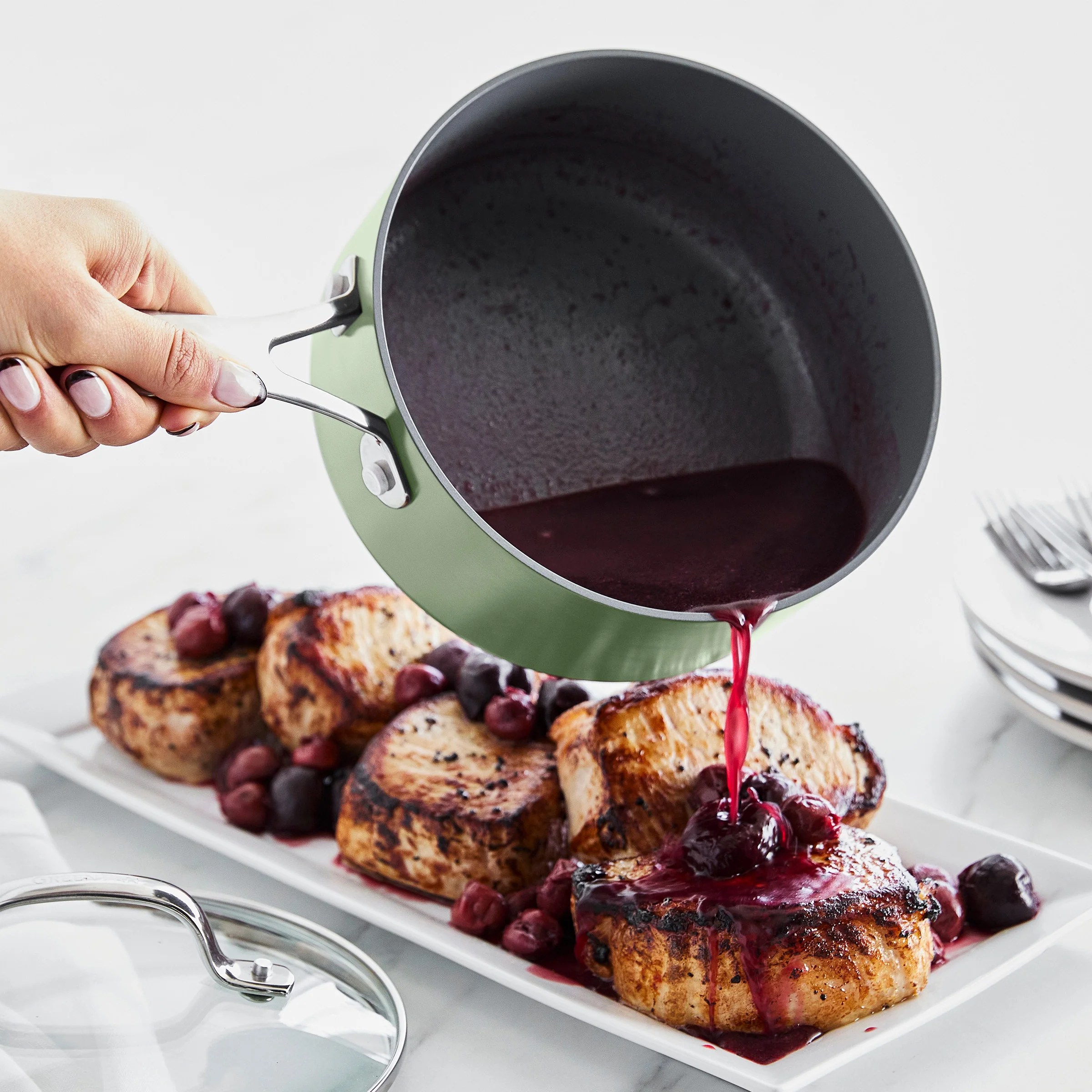 Valencia Pro Ceramic Nonstick 1.5-Quart and 3-Quart Saucepan Set with Lids | Sage