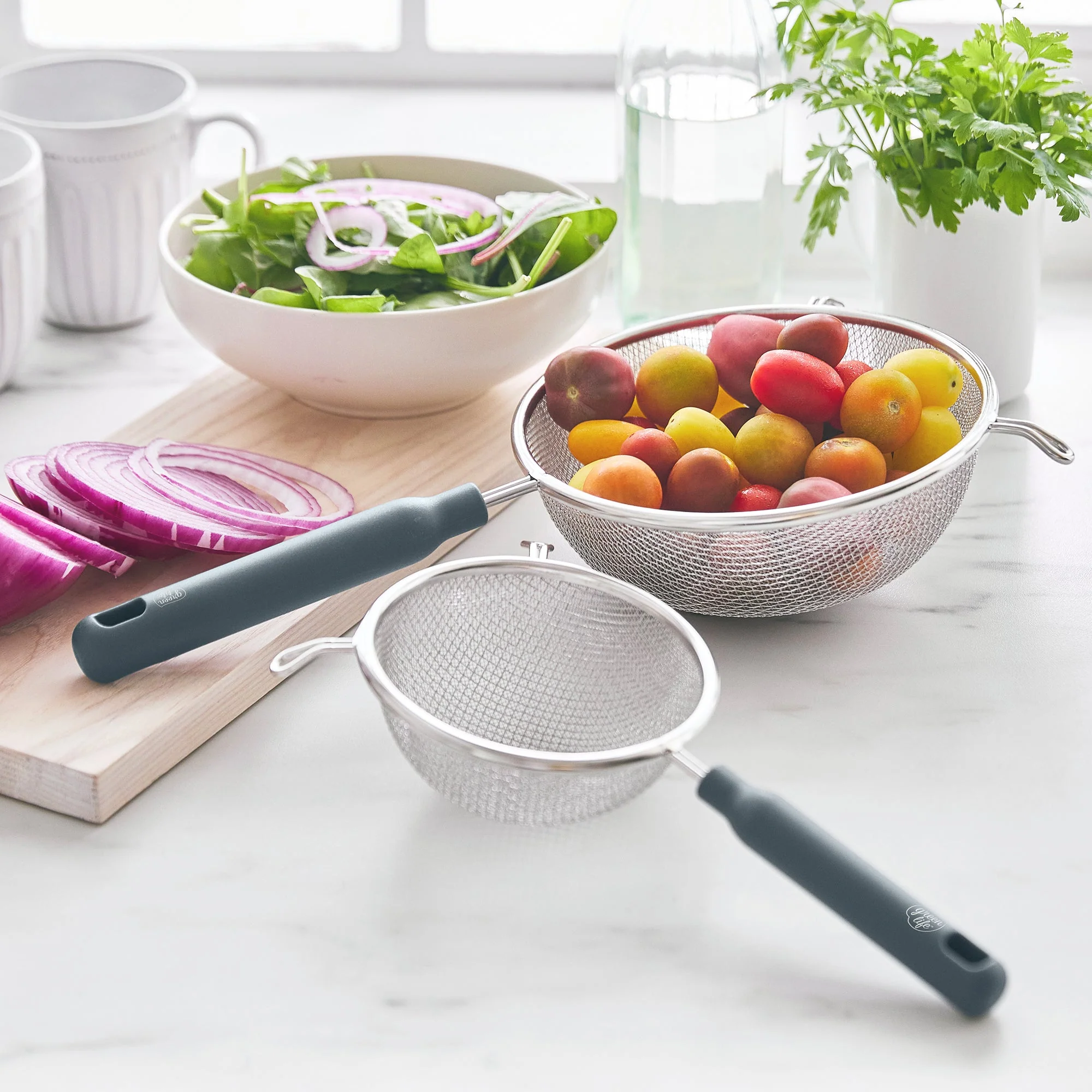 GreenLife Stainless Steel Mesh Strainers, Set of 4 | Gray