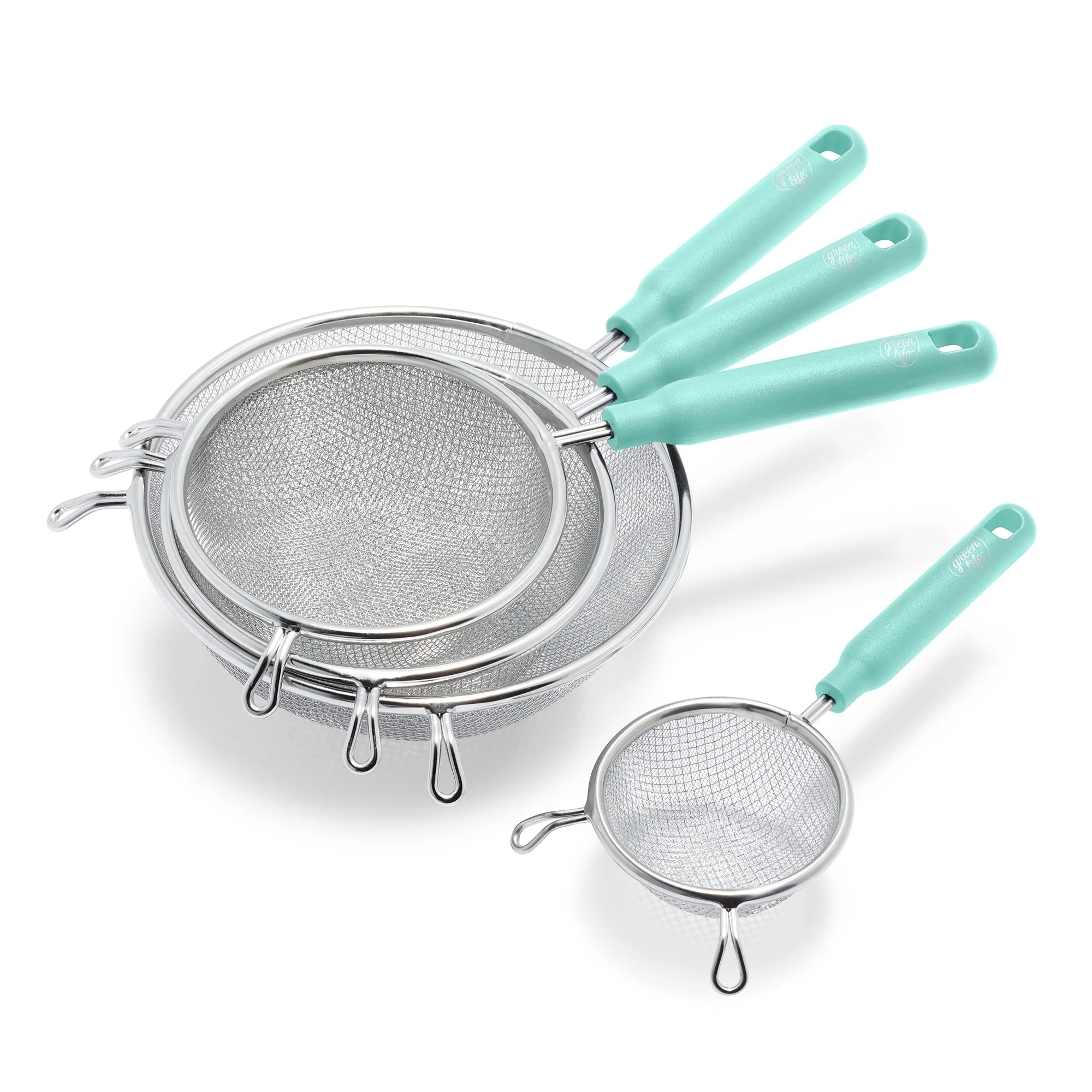 GreenLife Stainless Steel Mesh Strainers, Set of 4 | Turquoise