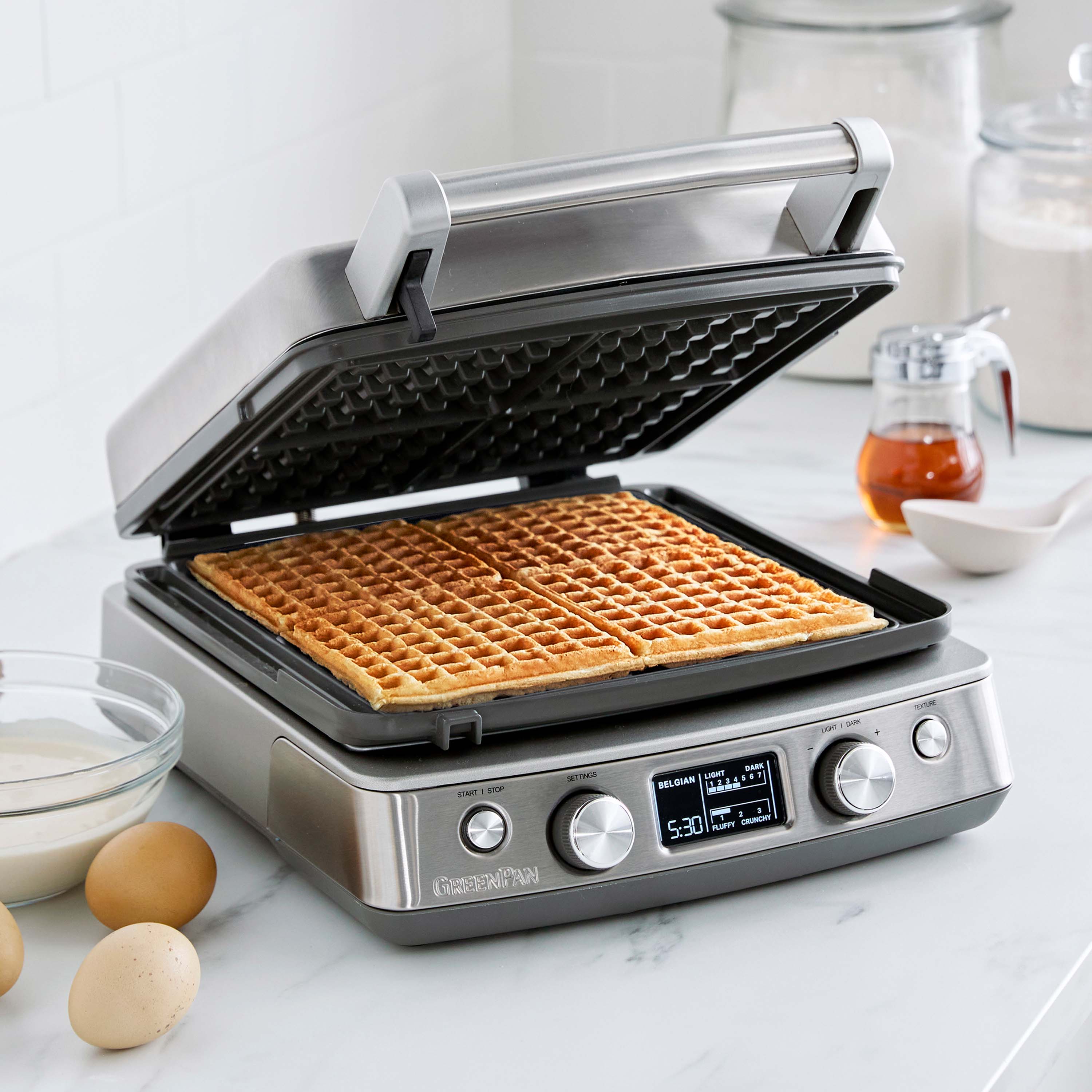 Elite Ceramic Nonstick 4-Square Waffle Maker | Premiere Stainless Steel