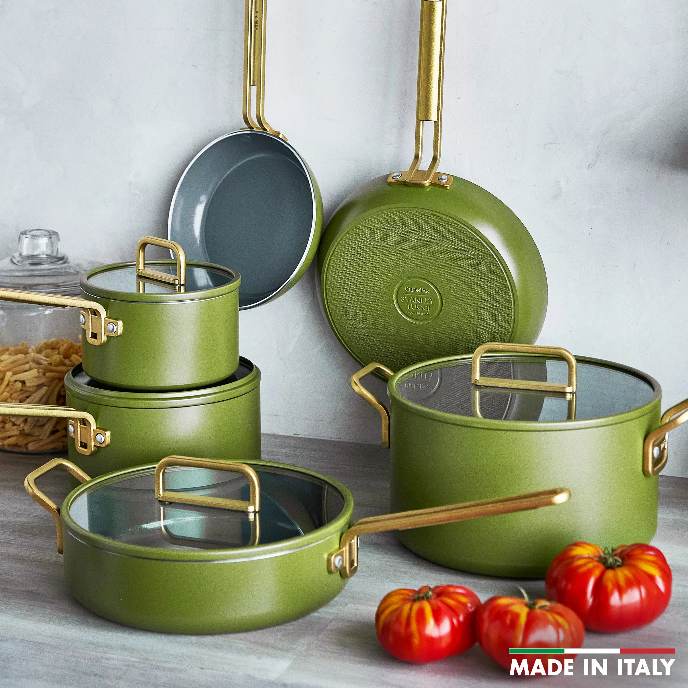 Stanley Tucci™ Ceramic Nonstick 11-Piece Cookware Set with The Tucci Cookbook | Tuscan Olive