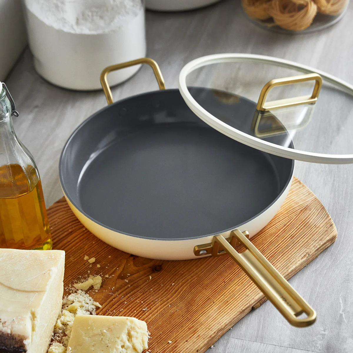 Stanley Tucci™ Ceramic Nonstick 4-Piece Frypan Set with The Tucci Cookbook | Carrara White