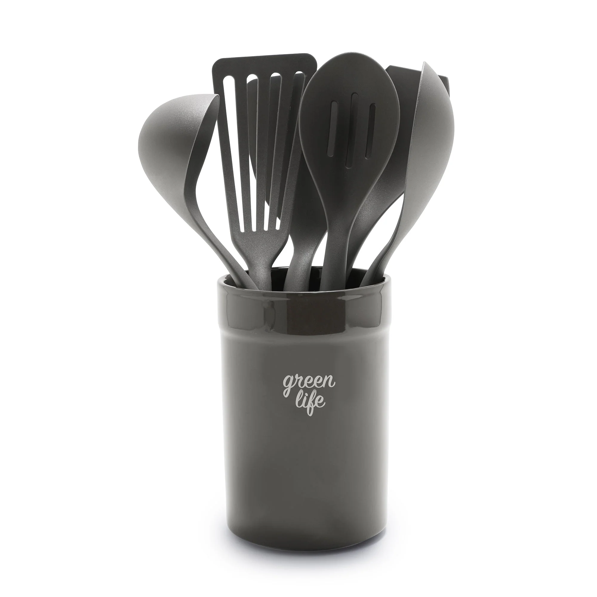 GreenLife Nylon & Wood Cooking Utensils with Ceramic Crock, 7-Piece Set | Charcoal Gray