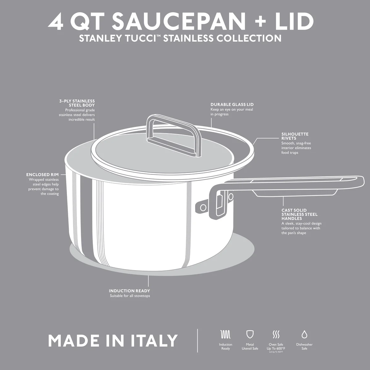 Stanley Tucci™ Uncoated Stainless Steel 4-Quart Saucepan with Lid