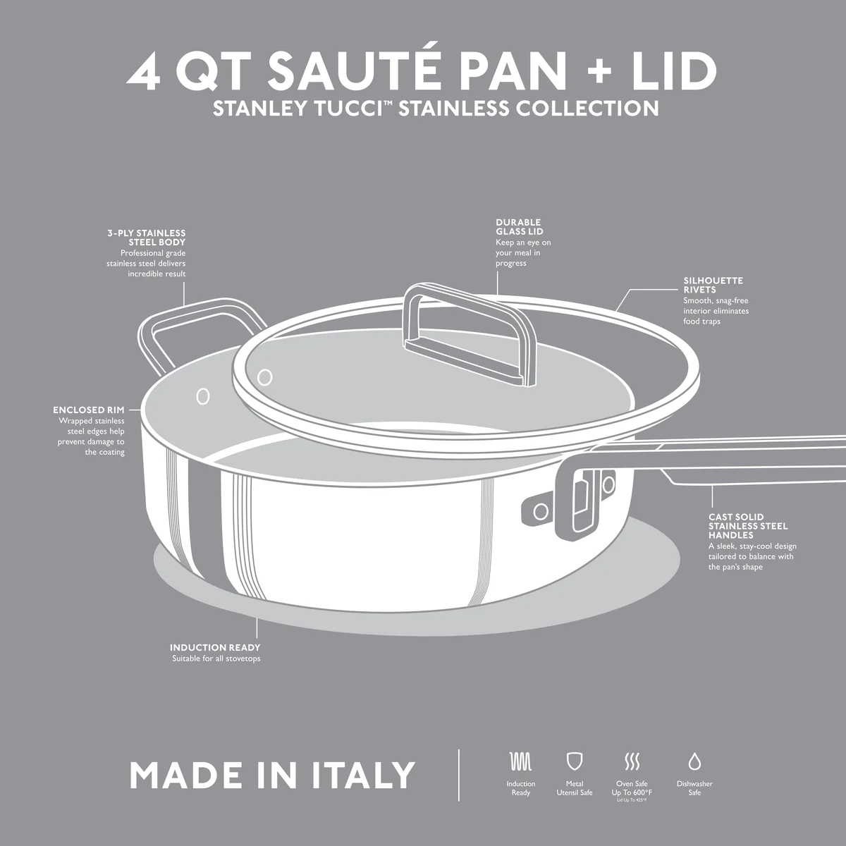 Stanley Tucci™ Uncoated Stainless Steel 4-Quart Sauté Pan with Lid