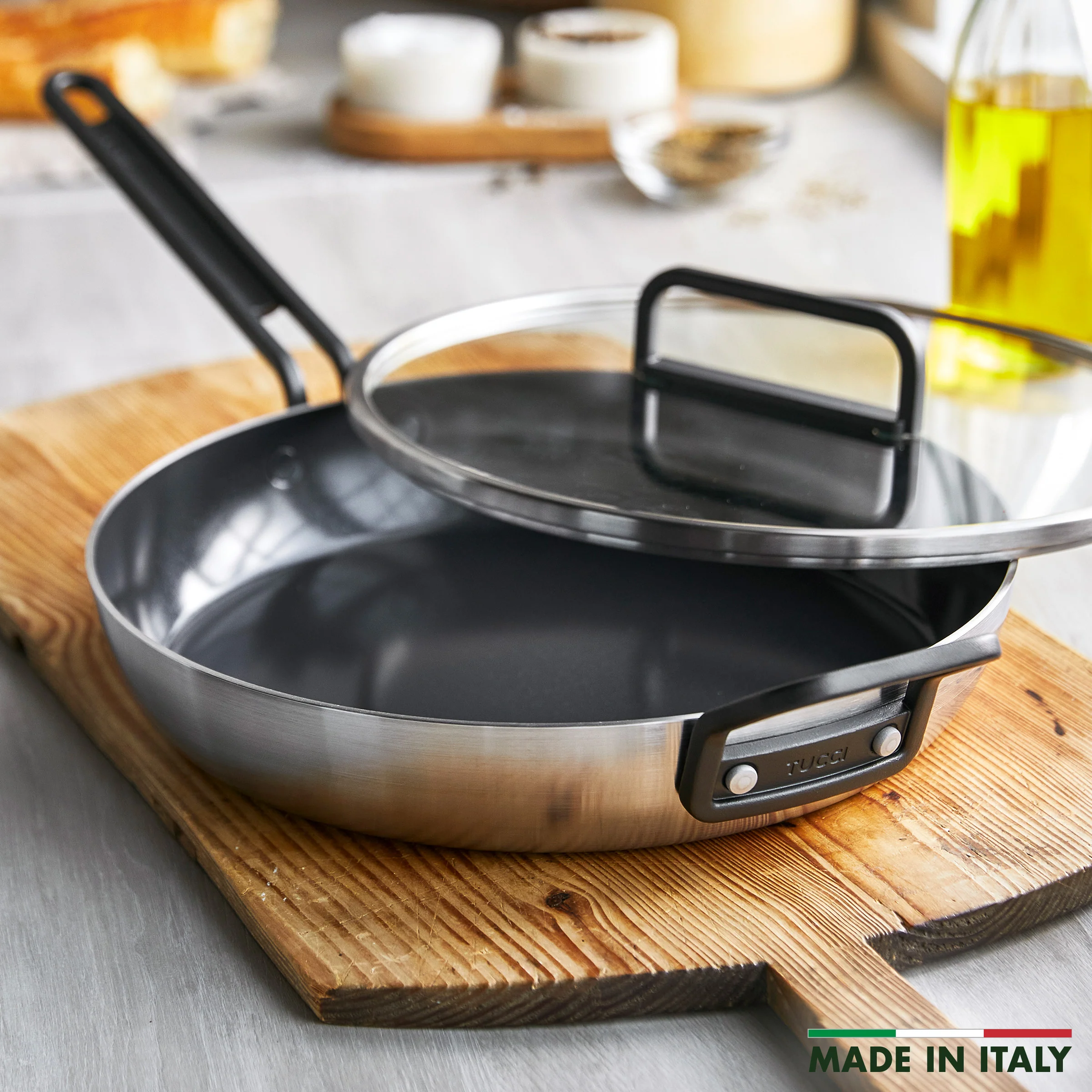 Stanley Tucci™ Stainless Steel Ceramic Nonstick 12 Frypan with Lid | Black Handle