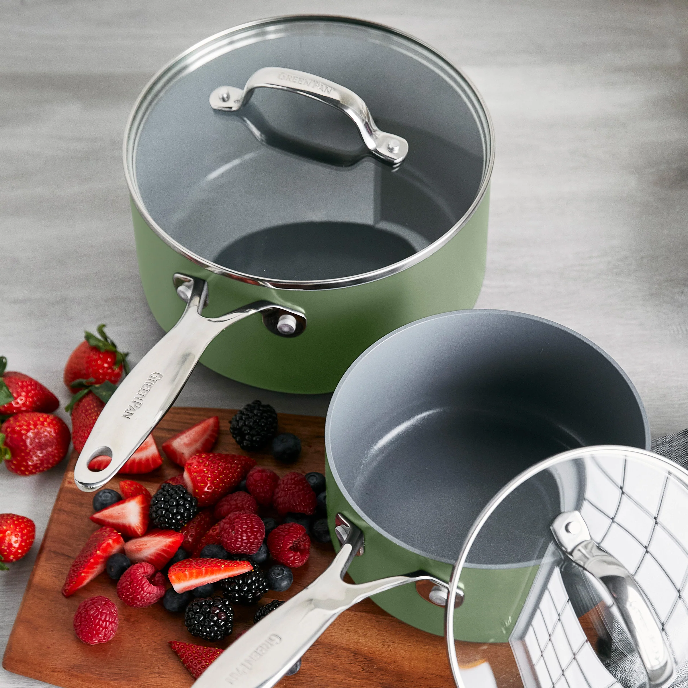 Valencia Pro Ceramic Nonstick 1.5-Quart and 3-Quart Saucepan Set with Lids | Sage