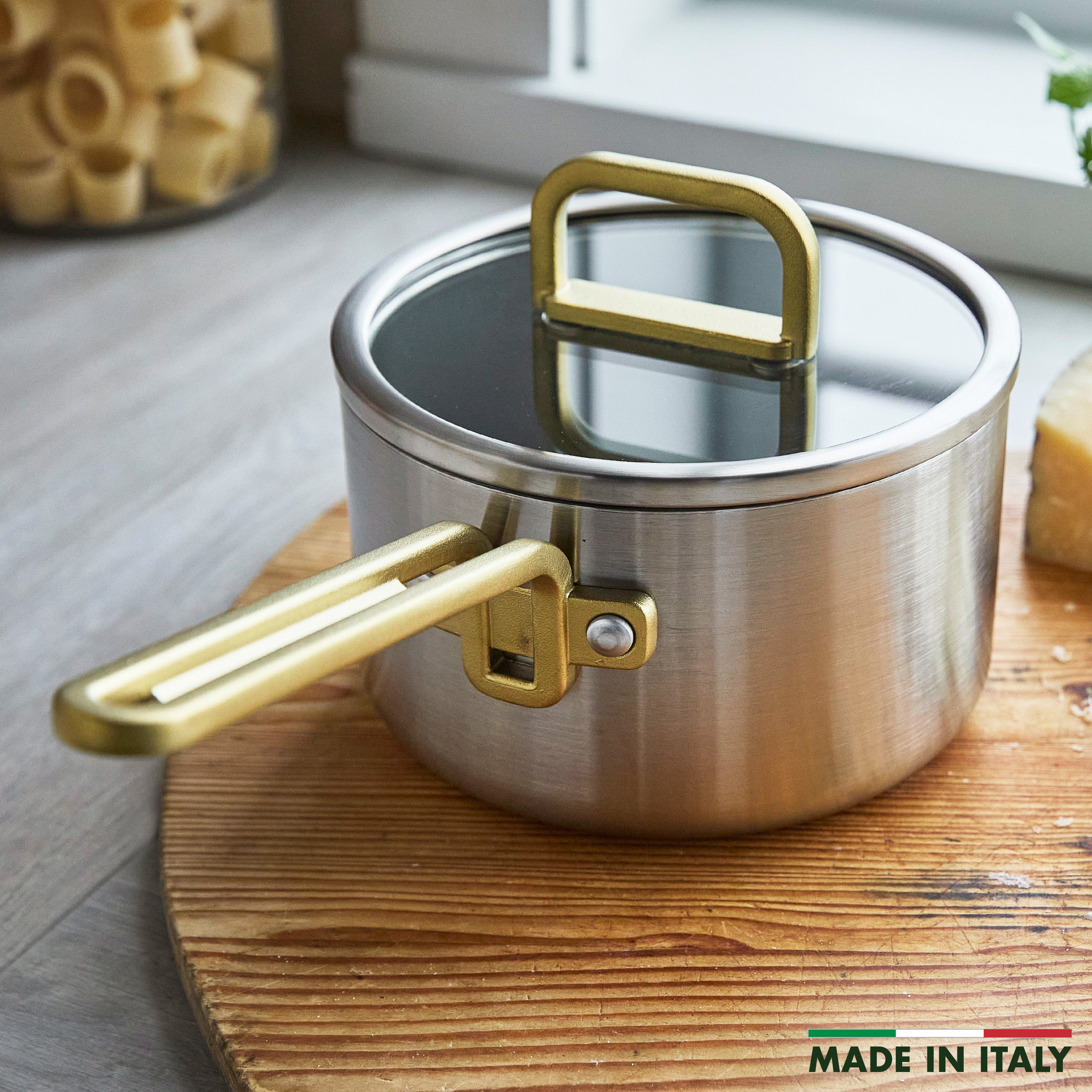 Stanley Tucci™ Stainless Steel Ceramic Nonstick 2-Quart Saucepan with Lid | Champagne Handles