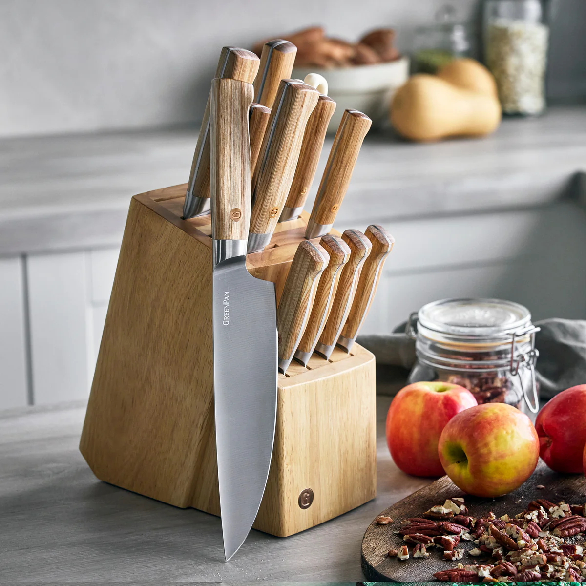 Elite Cutlery 13-Piece Knife Block Set with Light-Wood Handles