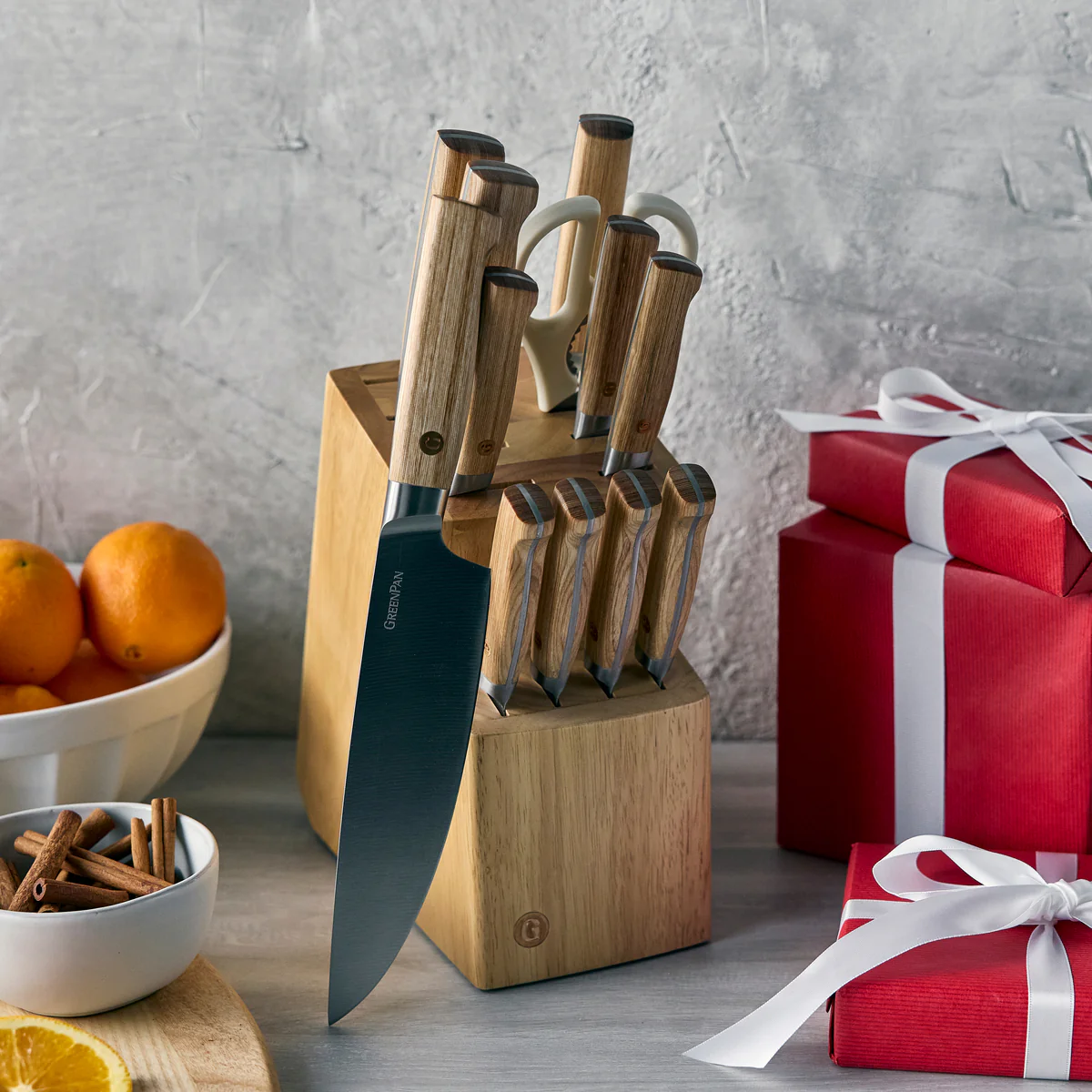 Elite Cutlery 13-Piece Knife Block Set with Light-Wood Handles