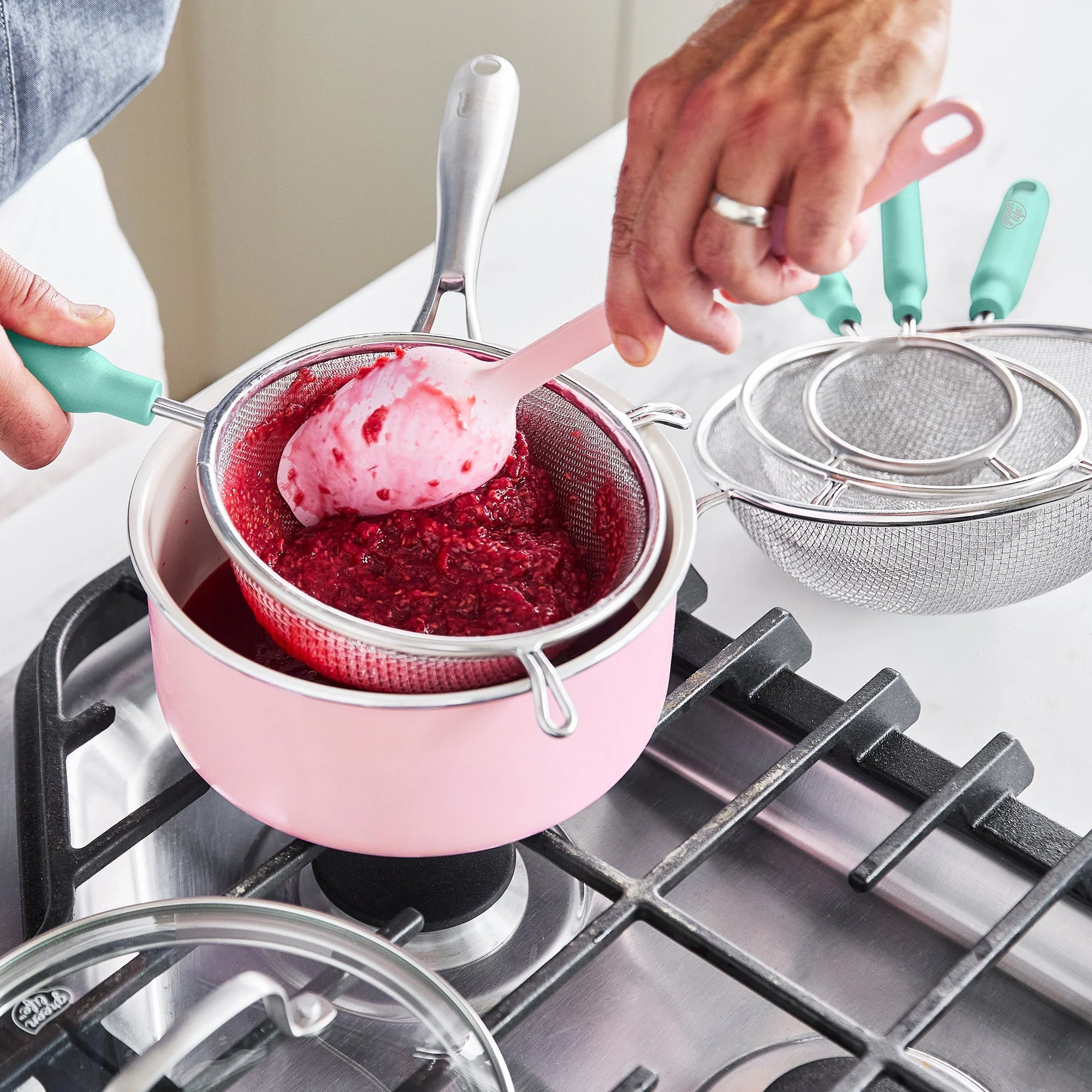 GreenLife Stainless Steel Mesh Strainers, Set of 4 | Turquoise