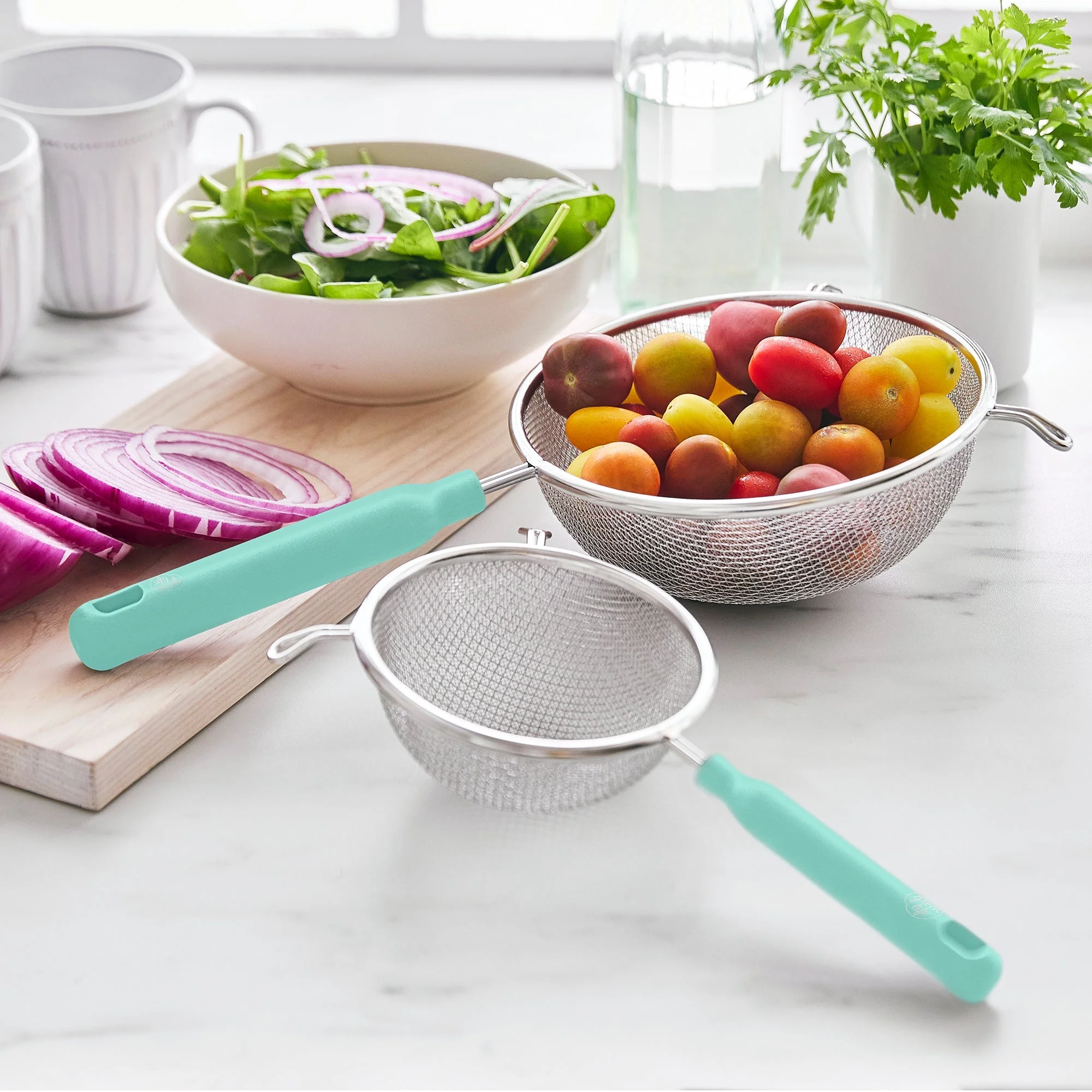 GreenLife Stainless Steel Mesh Strainers, Set of 4 | Turquoise