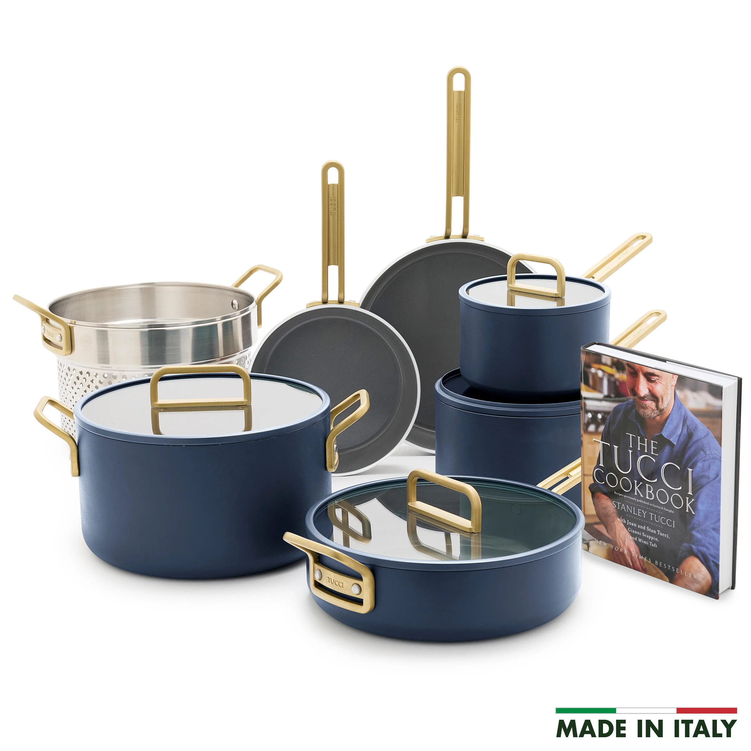 Stanley Tucci™ Ceramic Nonstick 11-Piece Cookware Set with The Tucci Cookbook | Marino Blue