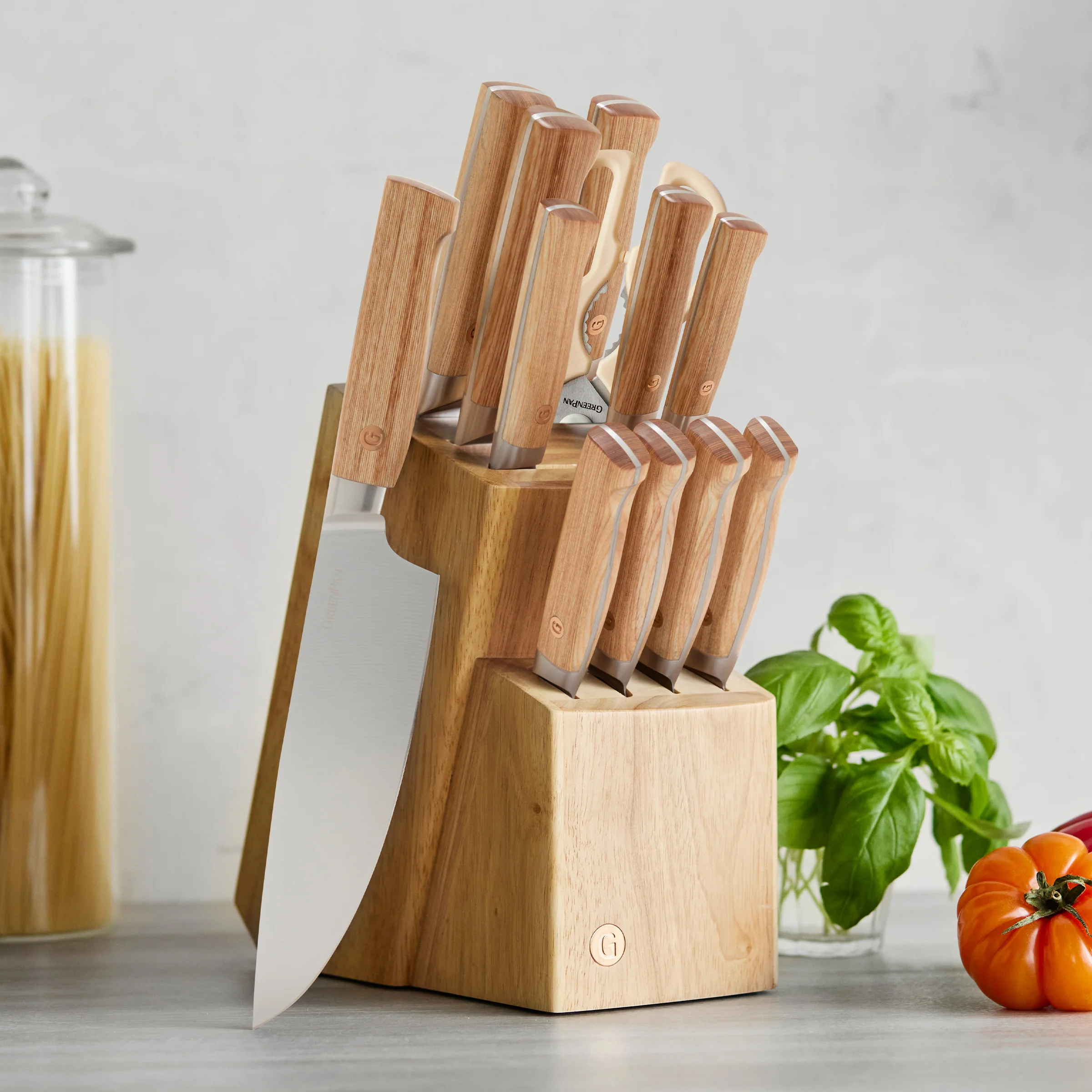 Elite Cutlery 13-Piece Knife Block Set with Light-Wood Handles