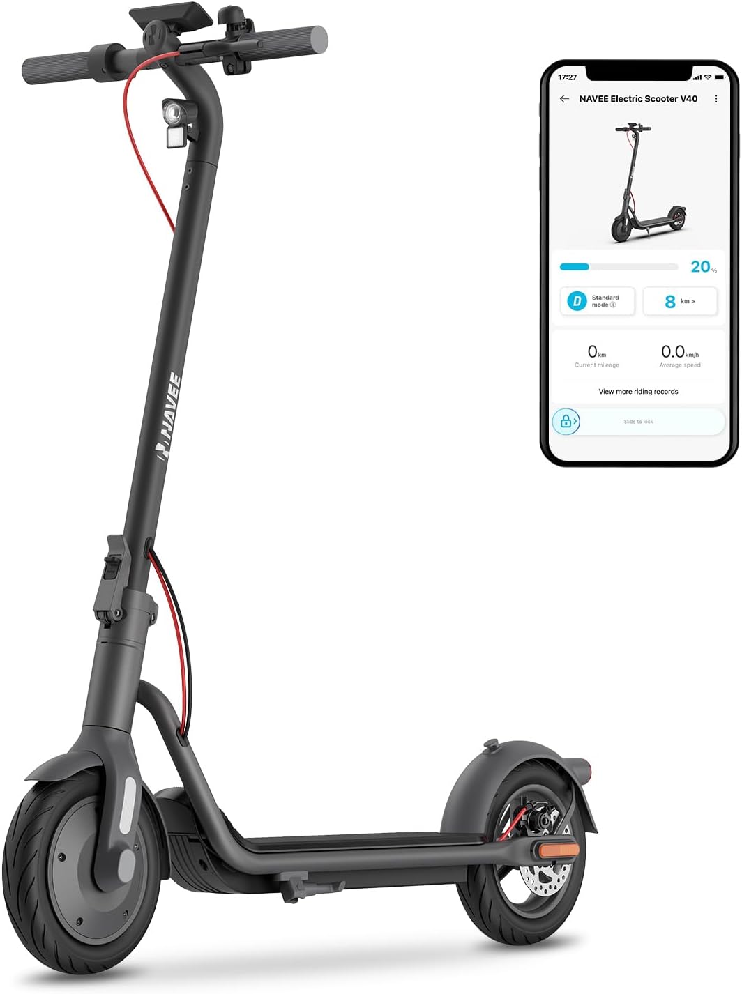 NAVEE v40 Electric Scooter, Max 20 MPH & 40 Miles, 700W Max Power, 10'' Pneumatic Tire, IP55 Waterproof，Foldable E-Scooter for Adults College Student Scooter Enthusiasts