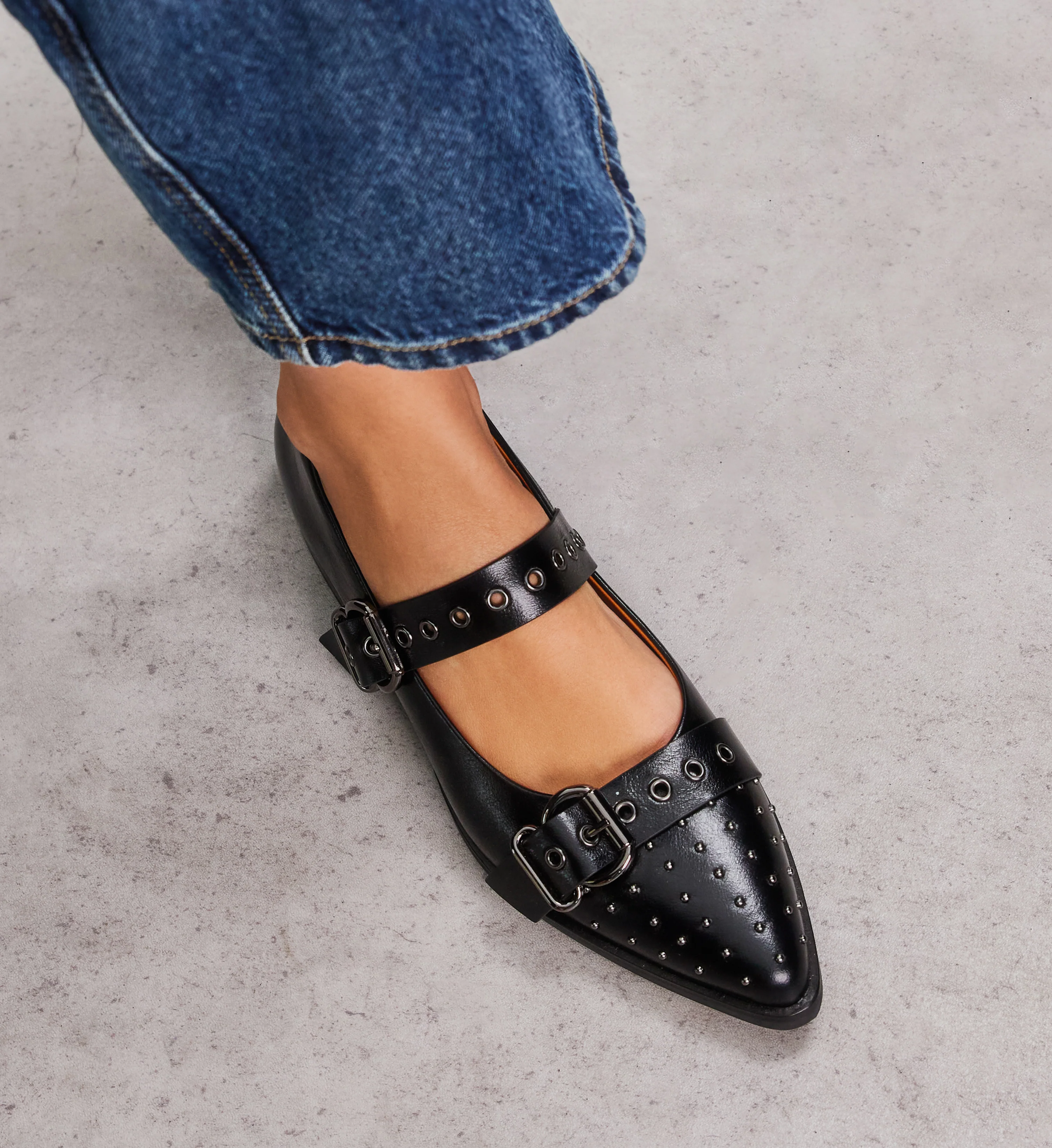 Rissa Black Leather & Hardware Flats