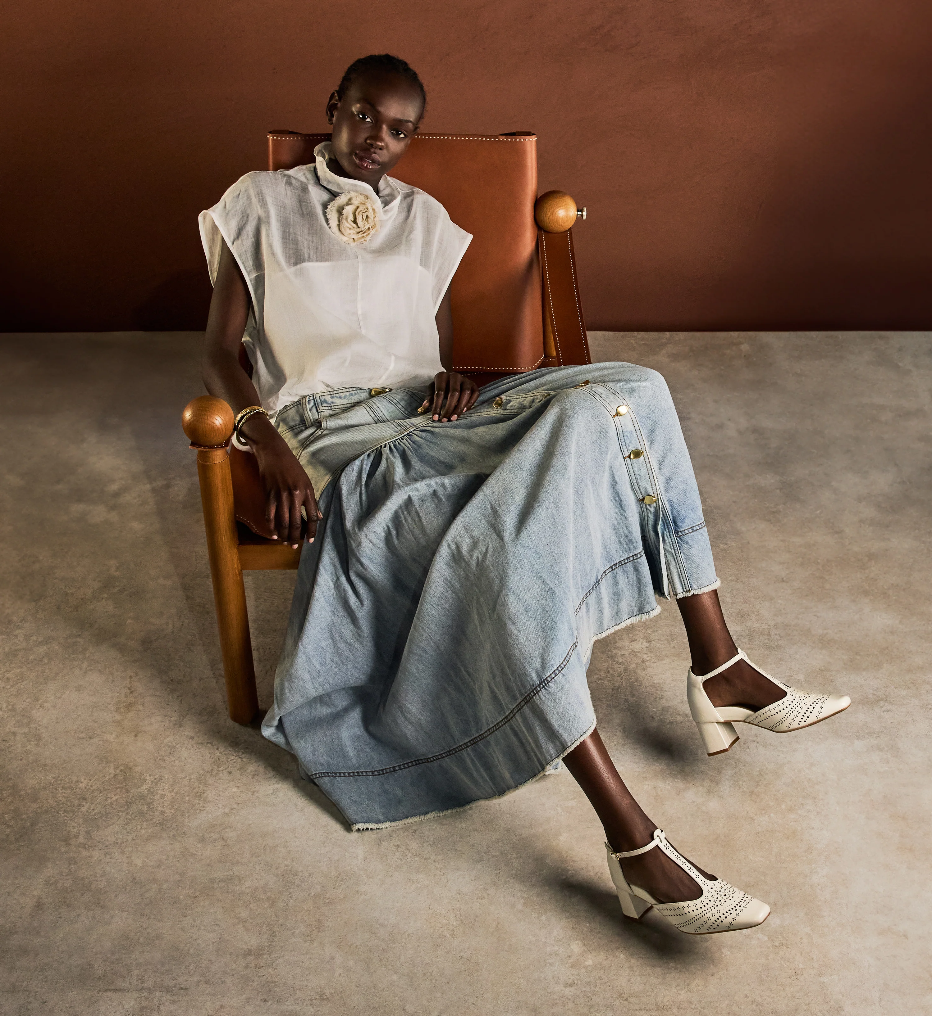 Grosbeak Ecru Leather & Brogue Detail Low Heels