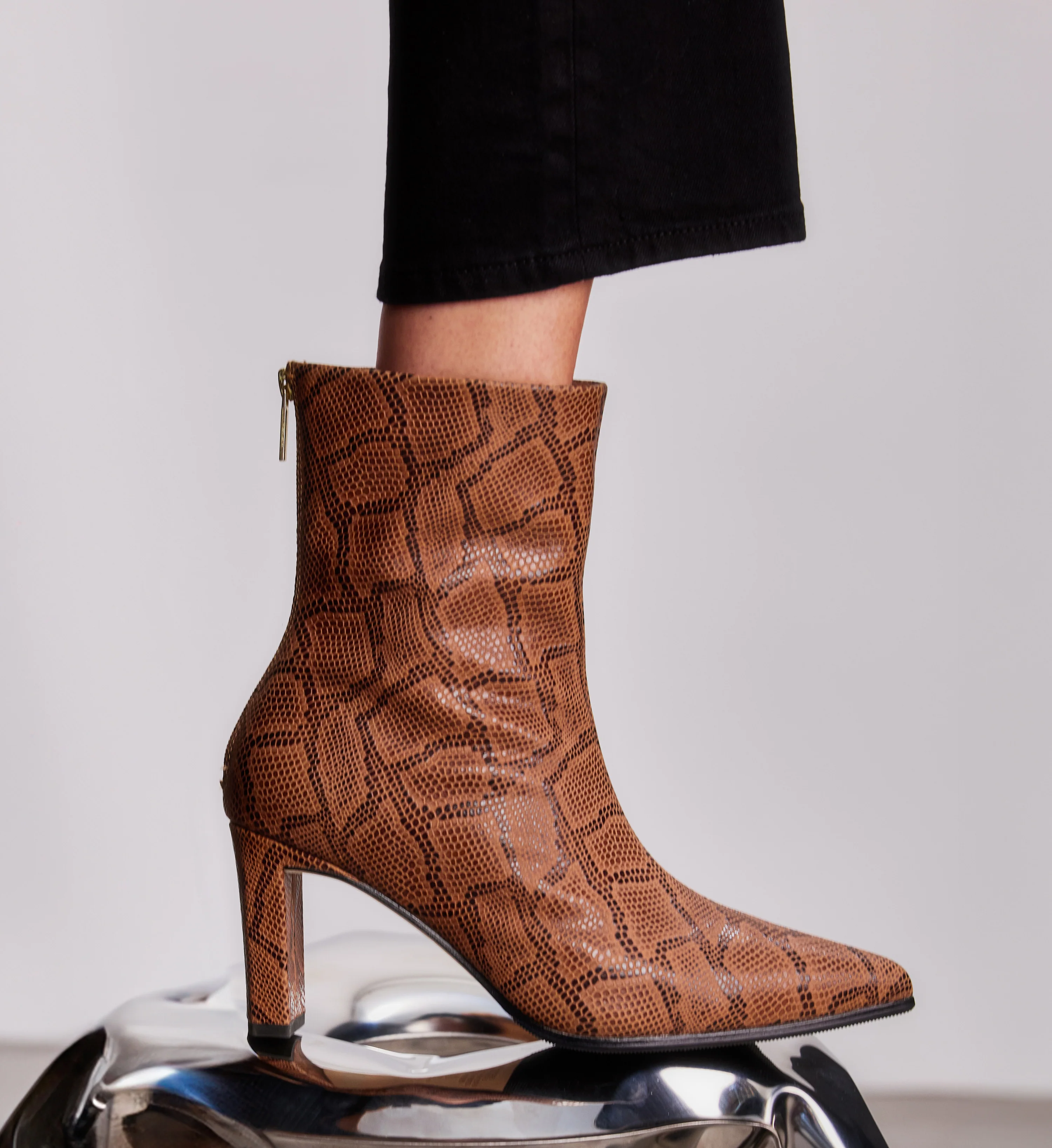 Mino Tan Snake Emboss Leather Heeled Boots
