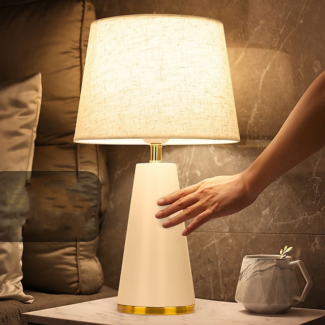 Modern Luxury Table Lamp with Night Light 16.9 Inch High Alabaster Glass Brass Metal White Fabric Drum Shade Decor For Living Room Bedroom Home Nightstand Home