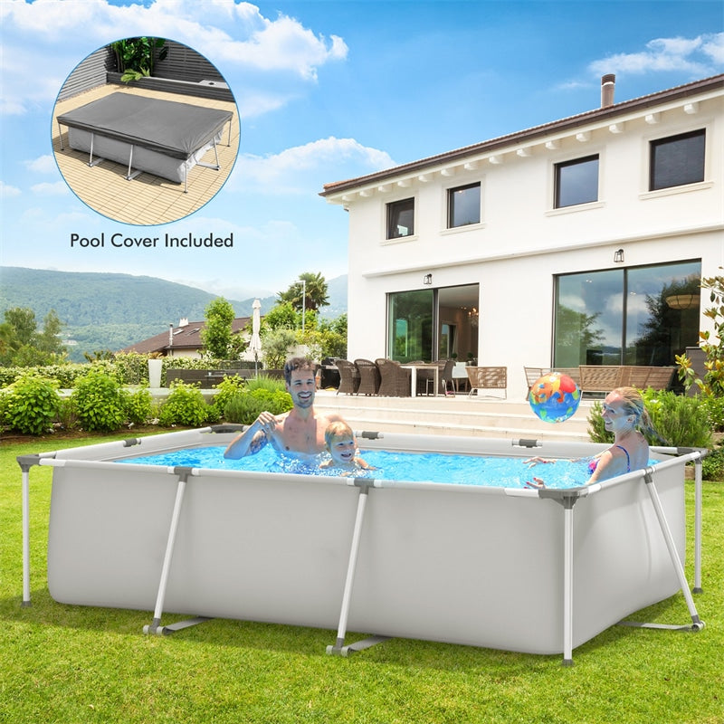 Rectangular Above Ground Frame Swimming Pool with Pool Cover for Patio Backyard Garden