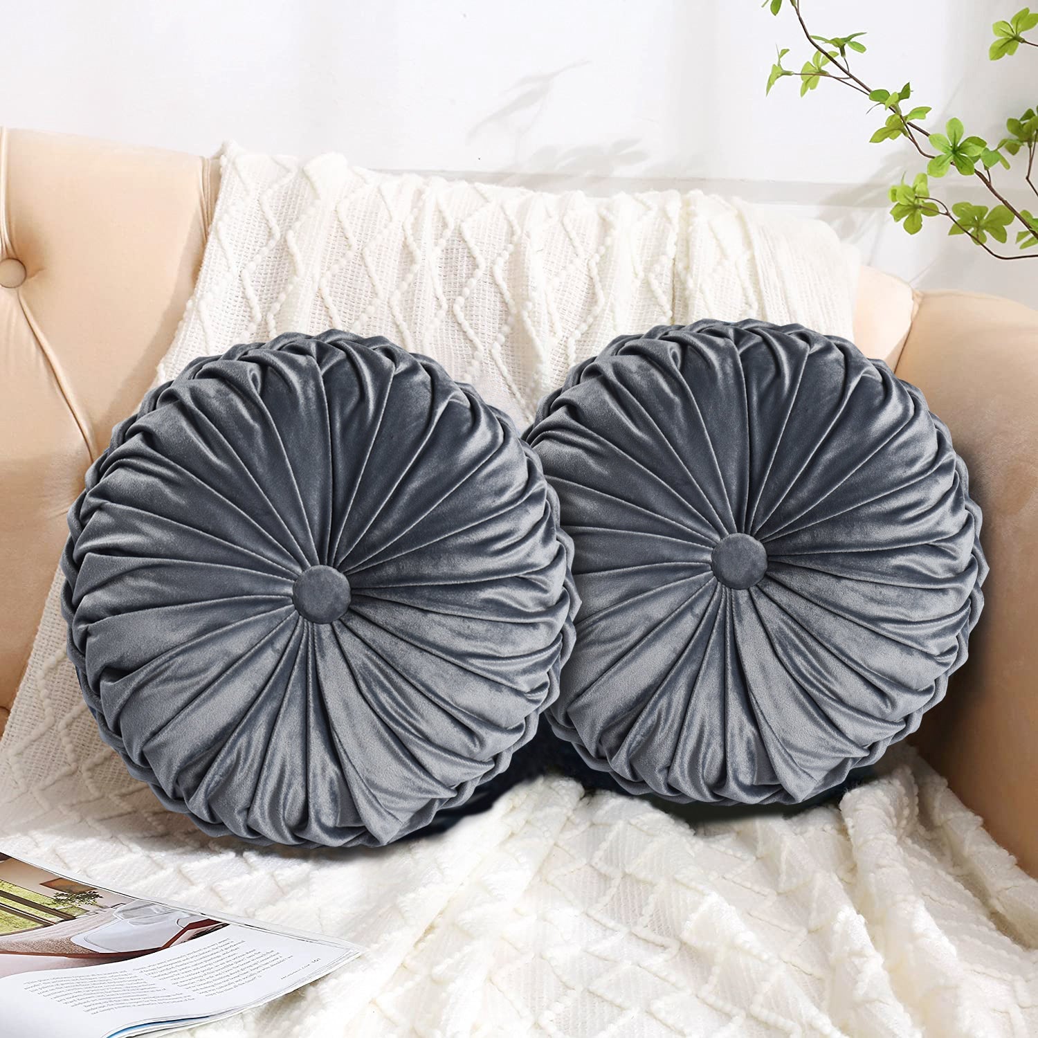 Set of 2 Decorative Velvet Round Pleated Throw Pillows,14.5