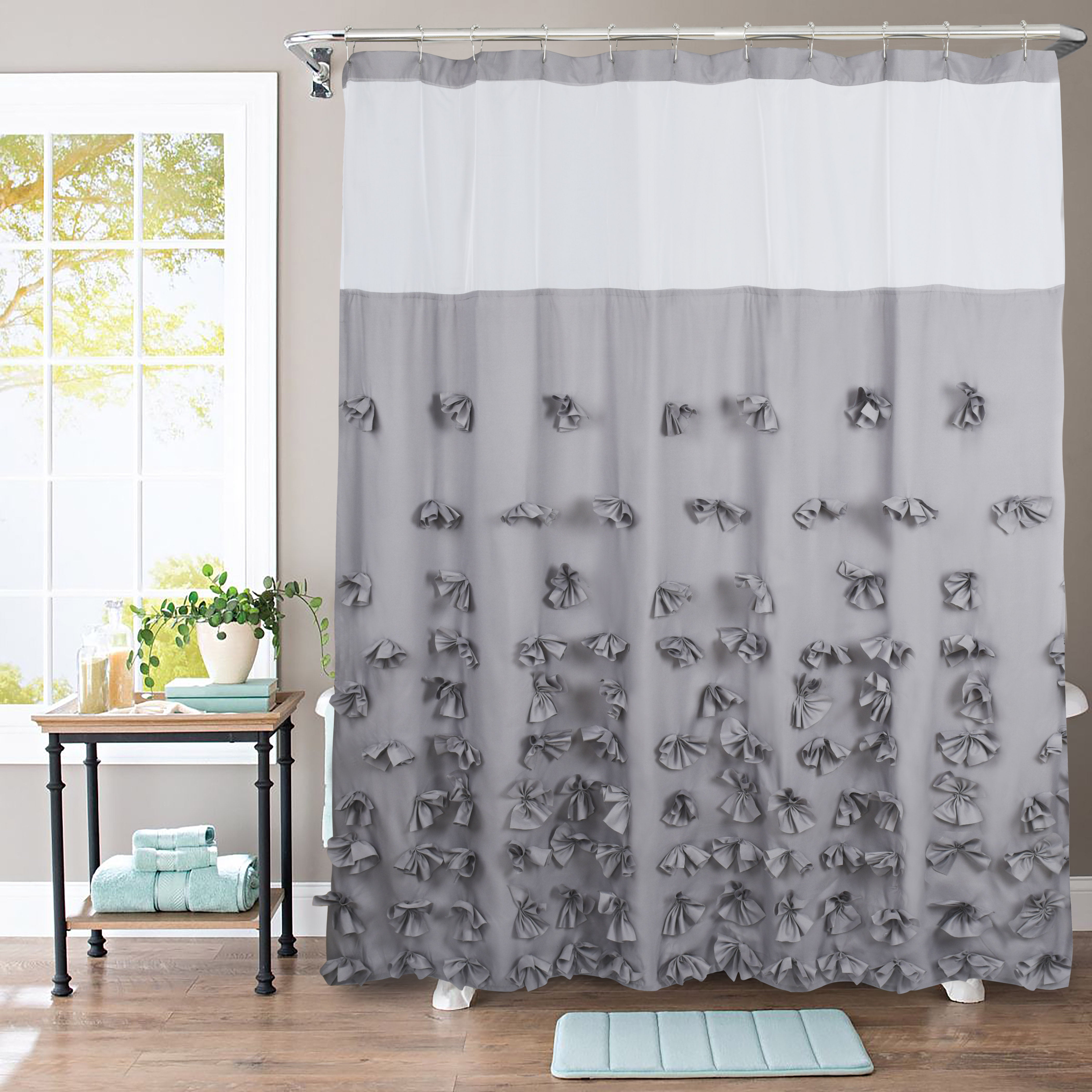 HIG Farmhouse Shower Curtain with Waterproof Detachable Liner, Boho Decorative bathroom-1 Curtain with Butterfly Flowers, Vintage Fabric Shower Curtain with See Through Window, 72