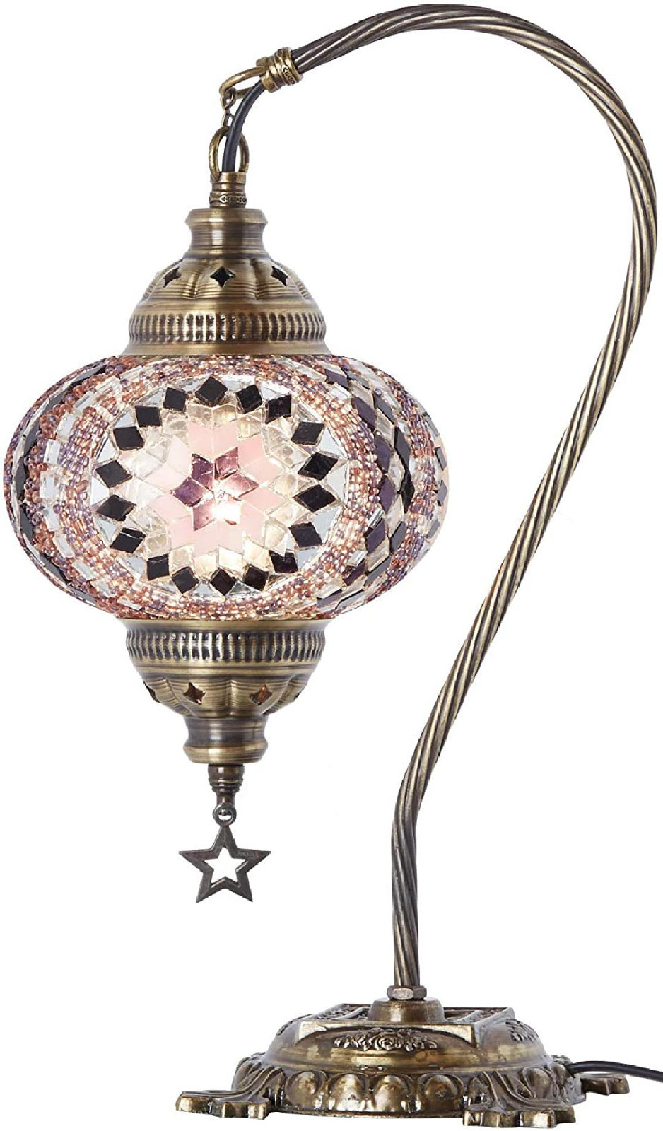 Turkish Moroccan Mosaic Table Lamp With US Plug & Socket, Swan Neck Handmade Desk Bedside Table Night Lamp Decorative Tiffany Lamp Light, Antique