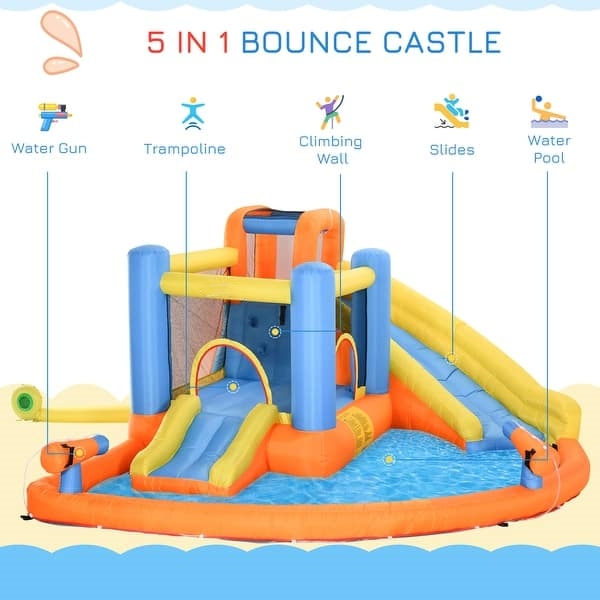 5-in-1 Kids Inflatable Bounce House Jumping Castle with Water Pool, Slide, Climbing Walls, & 2 Water Guns