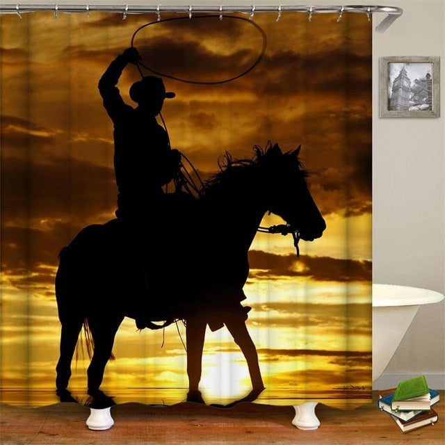 Vintage Western Shower Curtain Art of Cowboy Riding Horse Towards Sunset High Quality Waterproof Curtain For bathroom-1 with Hooks