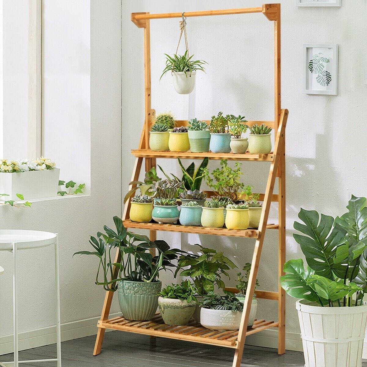 3 Tier Bamboo Hanging Folding Plant Stand Planter Shelf