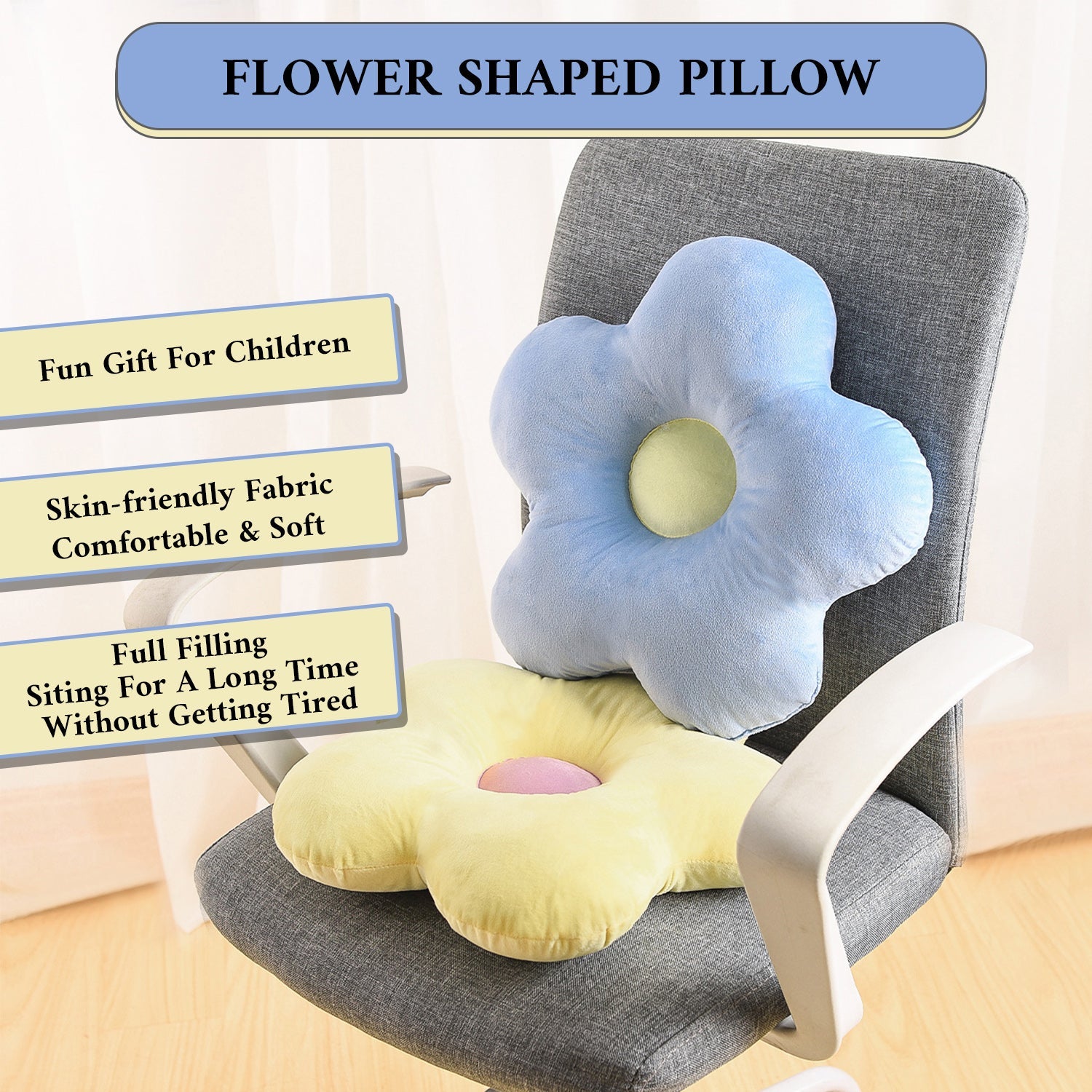 2pc Cuddly Flower Shaped Throw Pillows, Blue/Yellow Decorative Daisy Floor Pillows for Bench Office Children's Gift, 15