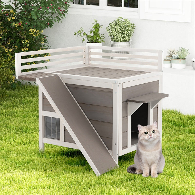 2-Story Outdoor Cat House Weatherproof Wooden Cat Shelter with Escape Doors PVC Curtains Side Ladder