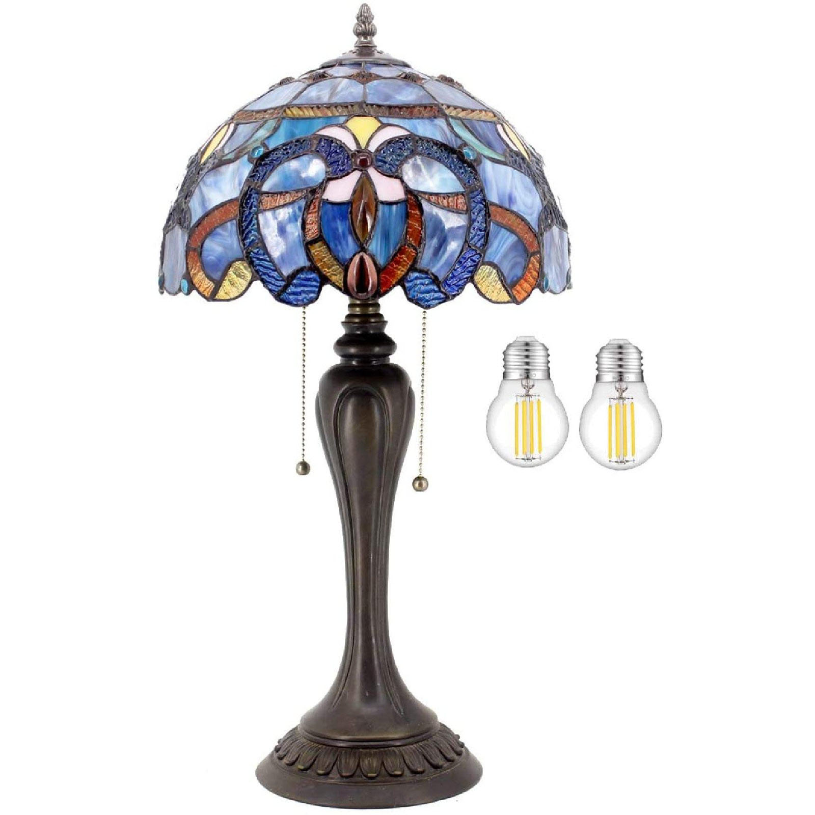 Tiffany Style Table Lamp Blue Purple Stained Glass Cloud Shade Resin Base 22