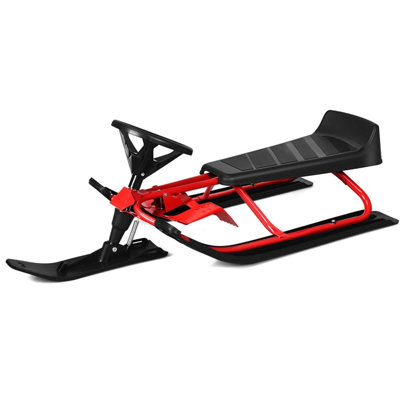 Kids Snow Racer Sled Ski Sled with Steering Wheel Double Brakes Pull Rope