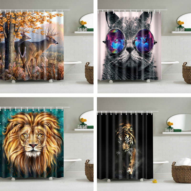 Animals printed lion, tiger, cat 3d bath curtains waterproof polyester fabric washable bathroom shower curtain screen with hooks