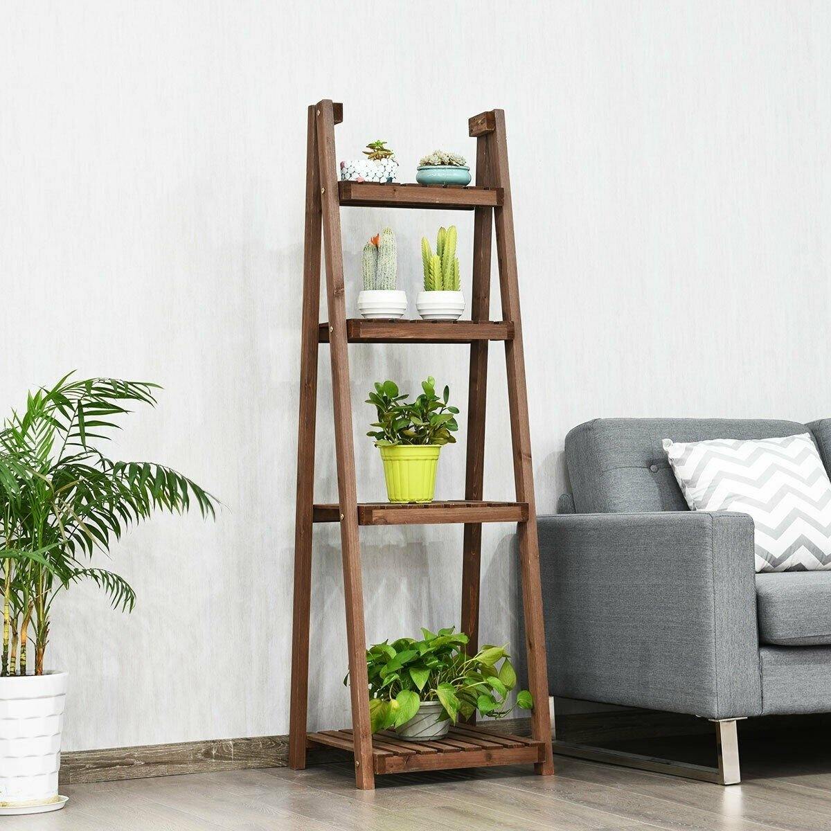 4 Tier Folding Wooden Garden Plant Stand Flower Pot Holder