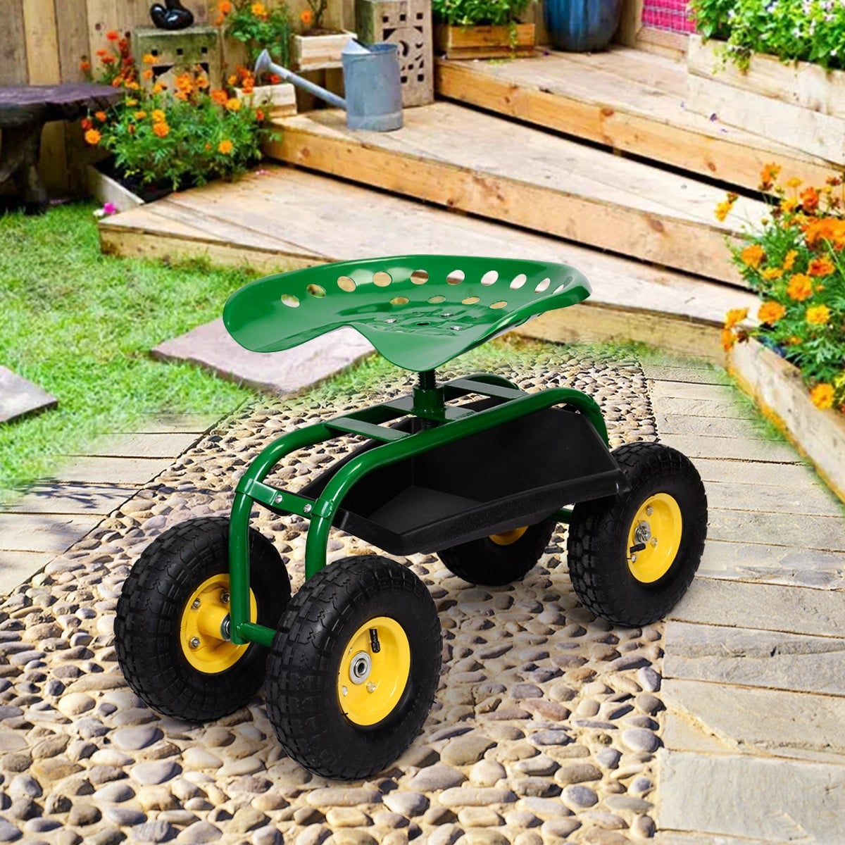 Outdoor Rolling Garden Cart Wagon Scooter with 360¡ã Swivel Seat